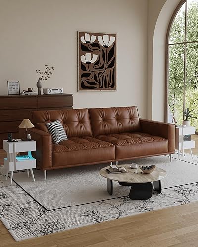 Miniatura 3 de Mesita de noche blanca con estación de carga y luces LED, moderna mesita de noche con 2 cajones de almacenamiento, mesita de noche con patas de