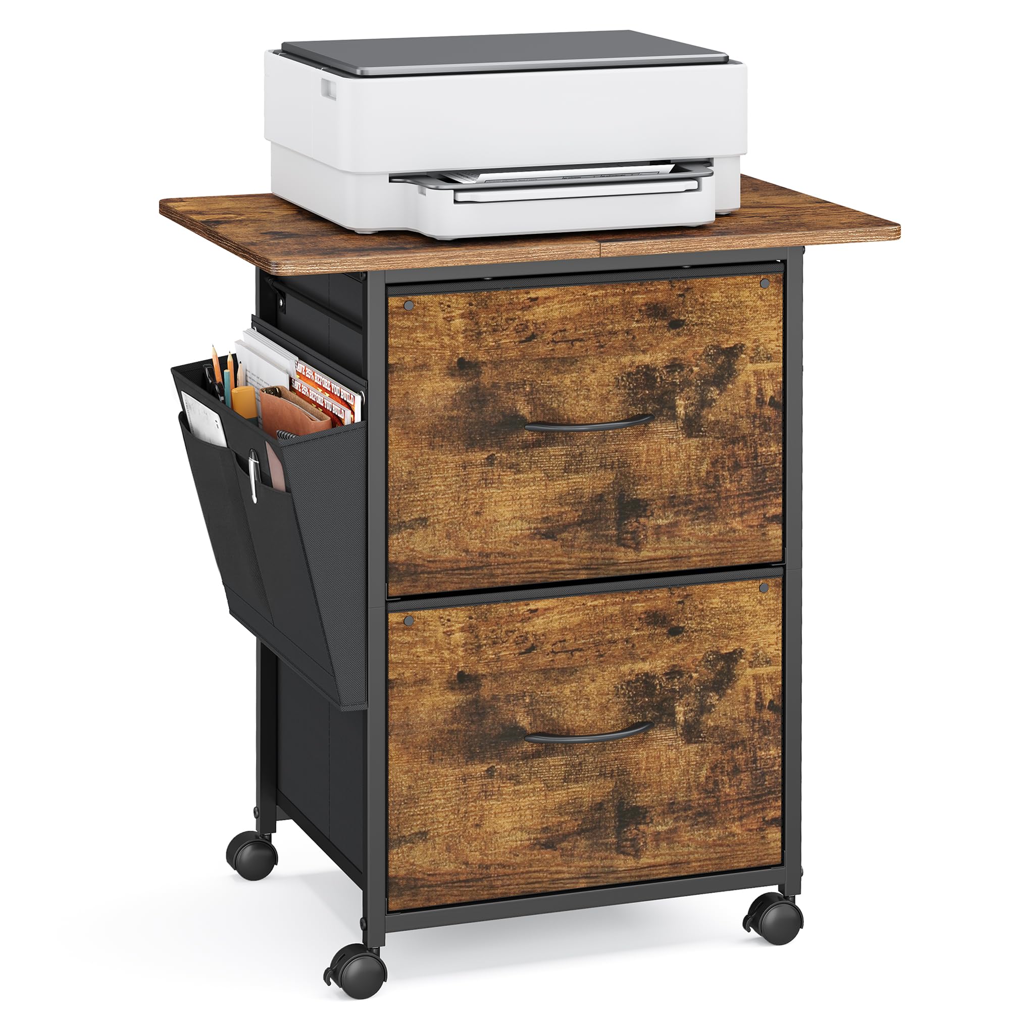 VASAGLE Filing Cabinet, Printer Stand with 2 Fabric Drawers and Side Pocket, Rolling Office Cabinet for A4, 60 x 40 x 68 cm, Rustic Brown, for Home Office, Bellah Collection OFC202KD01