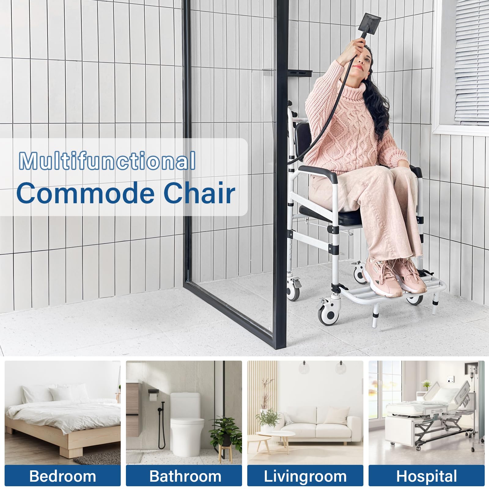 Toilettenrollstuhl Höhenverstellbar, Toilettenstuhl für Senioren mit Rollen, Duschrollstuhl, Nachtstuhl für Senioren, Duschstuhl mit Rollen für Behinderte, toilettenstuhl fahrbar with Arms (Nero)