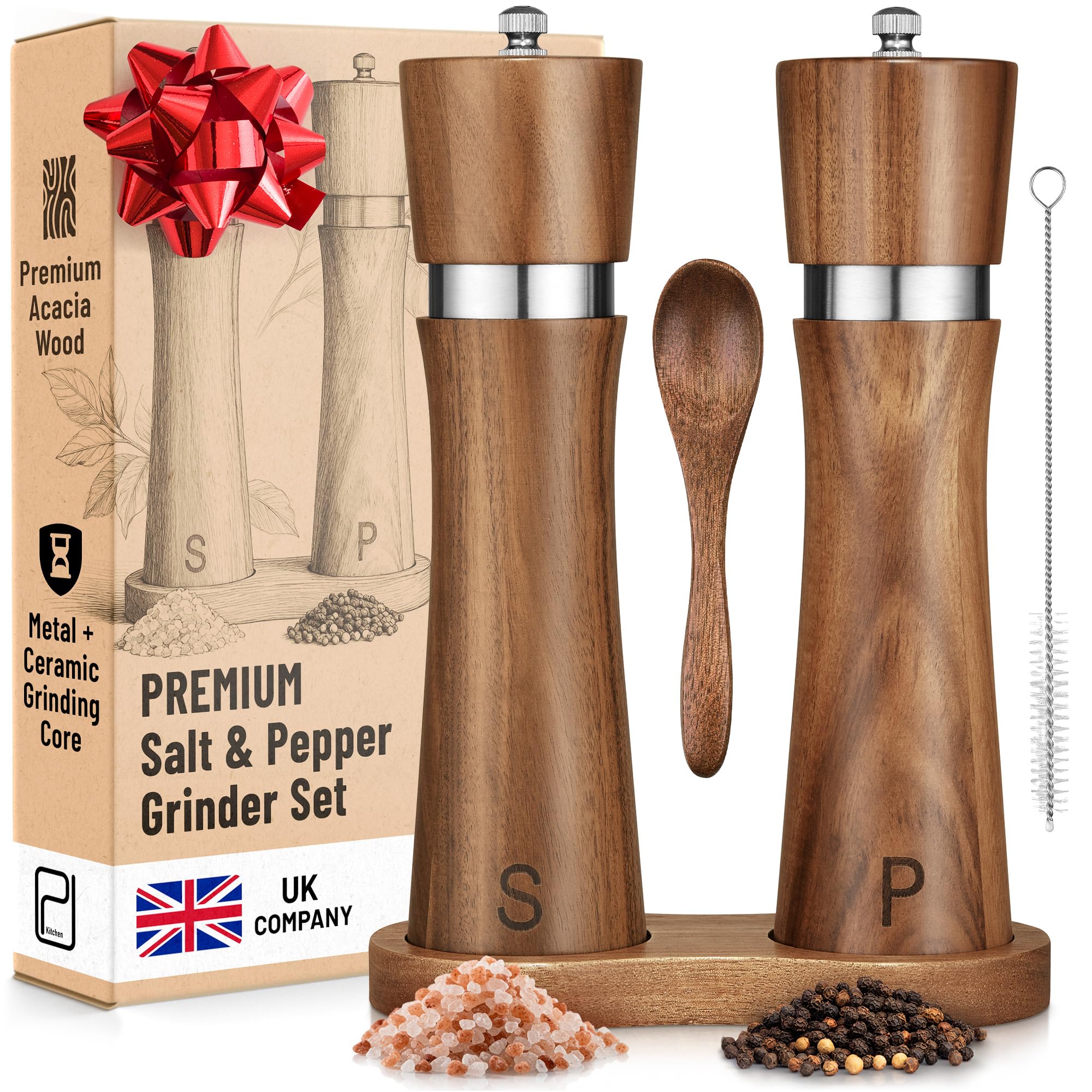 Premium Manual Acacia Wood Salt and Pepper Grinder Set with Tray 8 Inches, Pack of 2, PJC-Kitchen