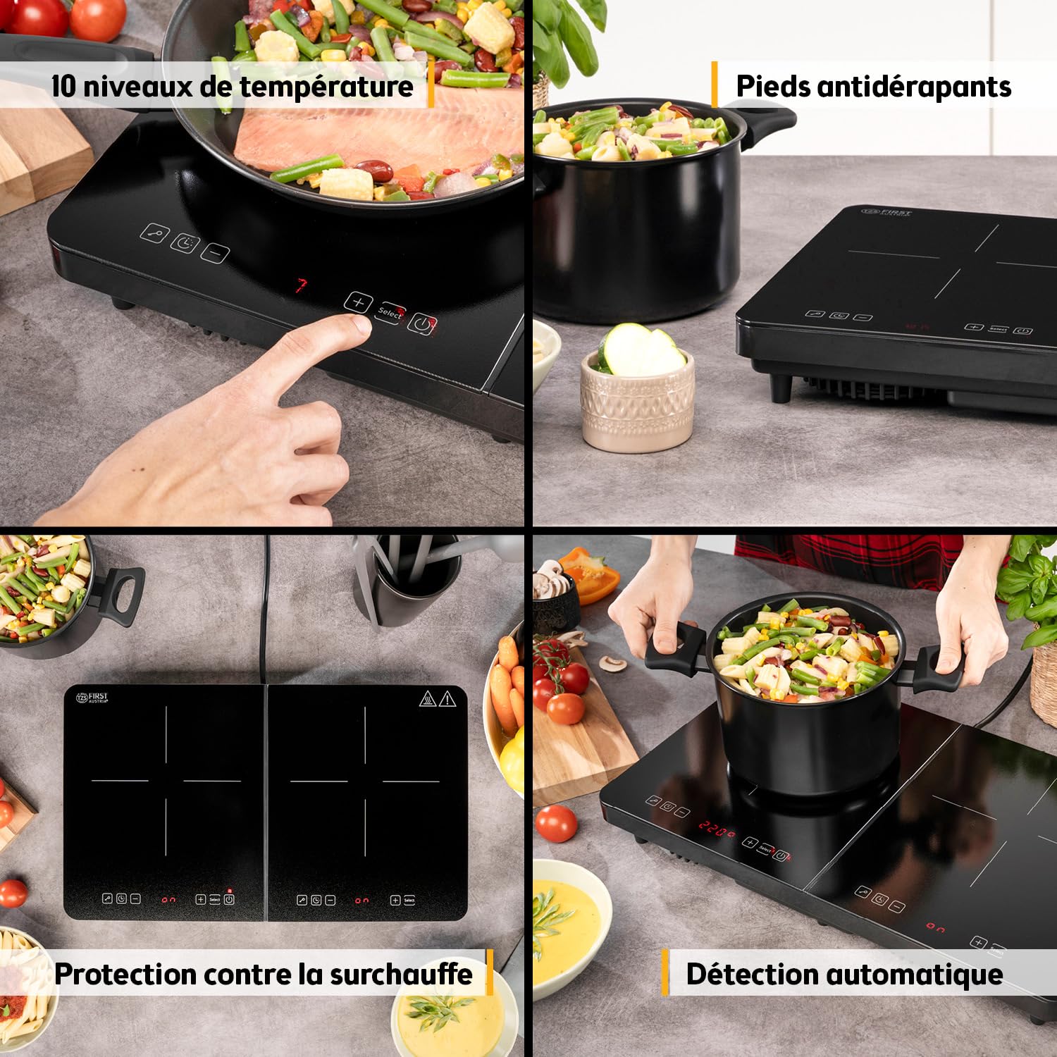 TZS First Austria Plaque induction double 3500W - 2 zones vitrocéramique, 10 niveaux, minuteur, écran LED, tactile, sécurité enfant, surchauffe - pour camping et cuisine mobile