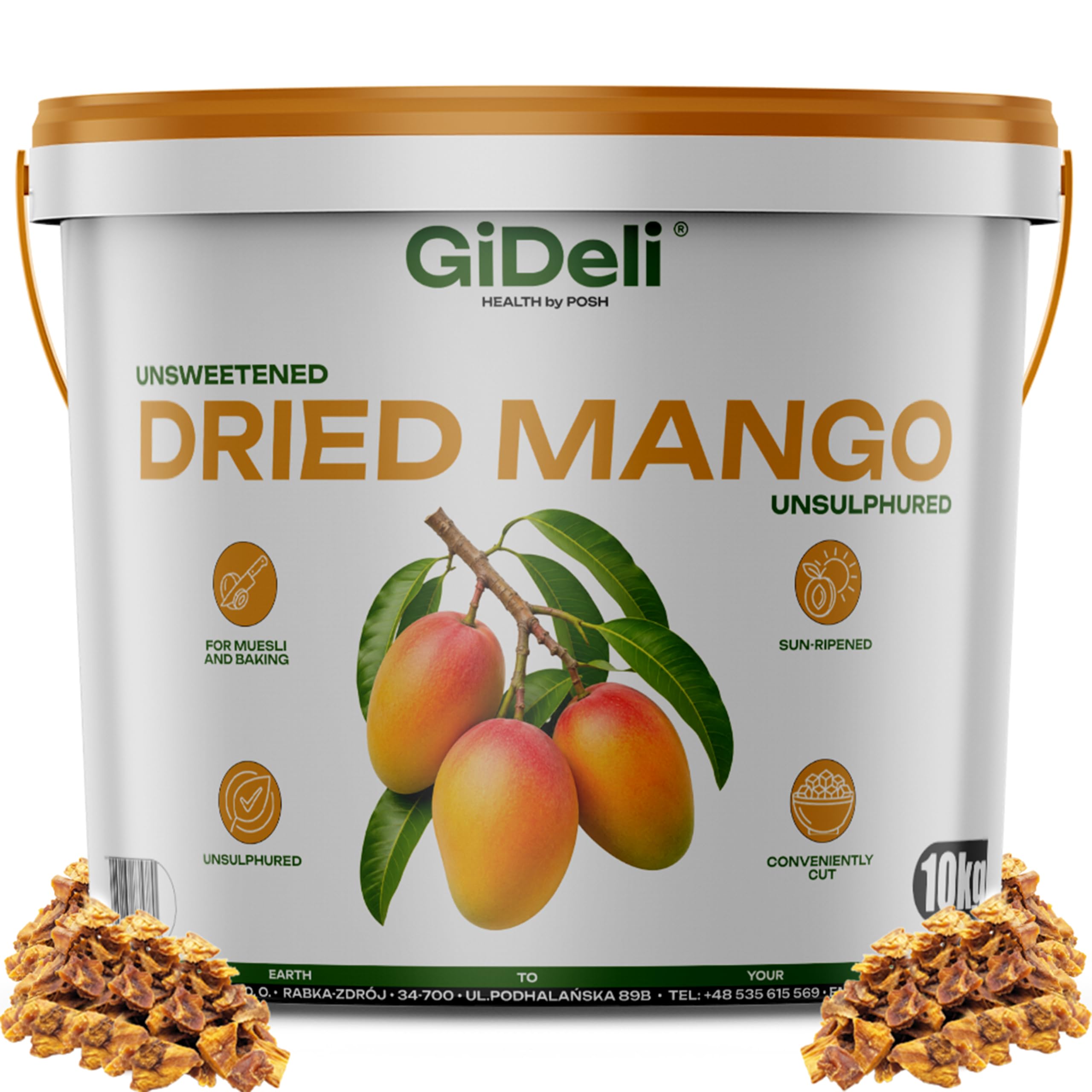 GiDeli Getrocknete Mango Ungesüßt Ungeschwefelt 10kg im Eimer - Naturbelassene Trockenfrucht ohne Zuckerzusatz - Sonnengereifte Mangostreifen - Natürliche Ballaststoffquelle - Ideal für Müsli & Backen