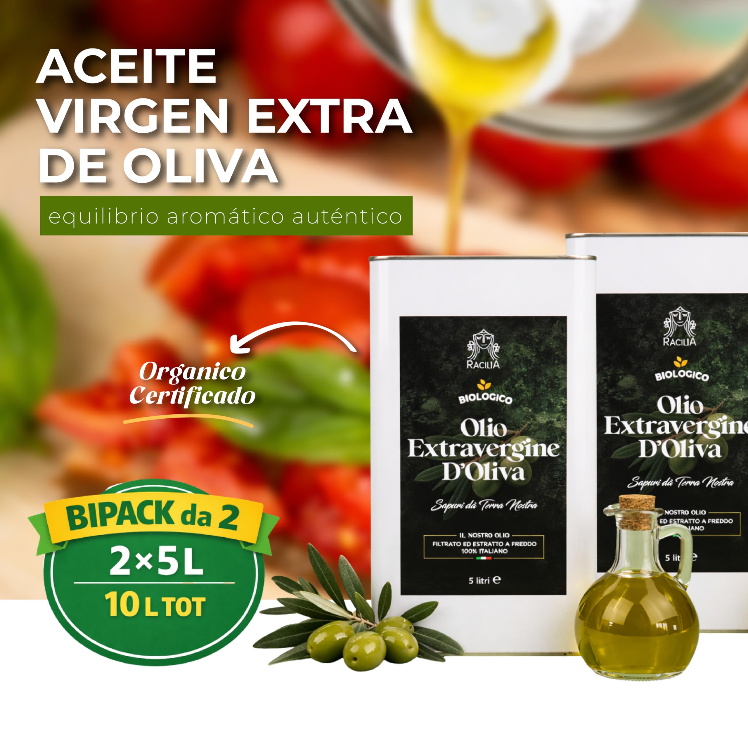 RACILIA Aceite de Oliva Virgen Extra Ecológico - Aceite AOVE Bio 100% Italiano, Prensado en Frío - 5 Litros x 2