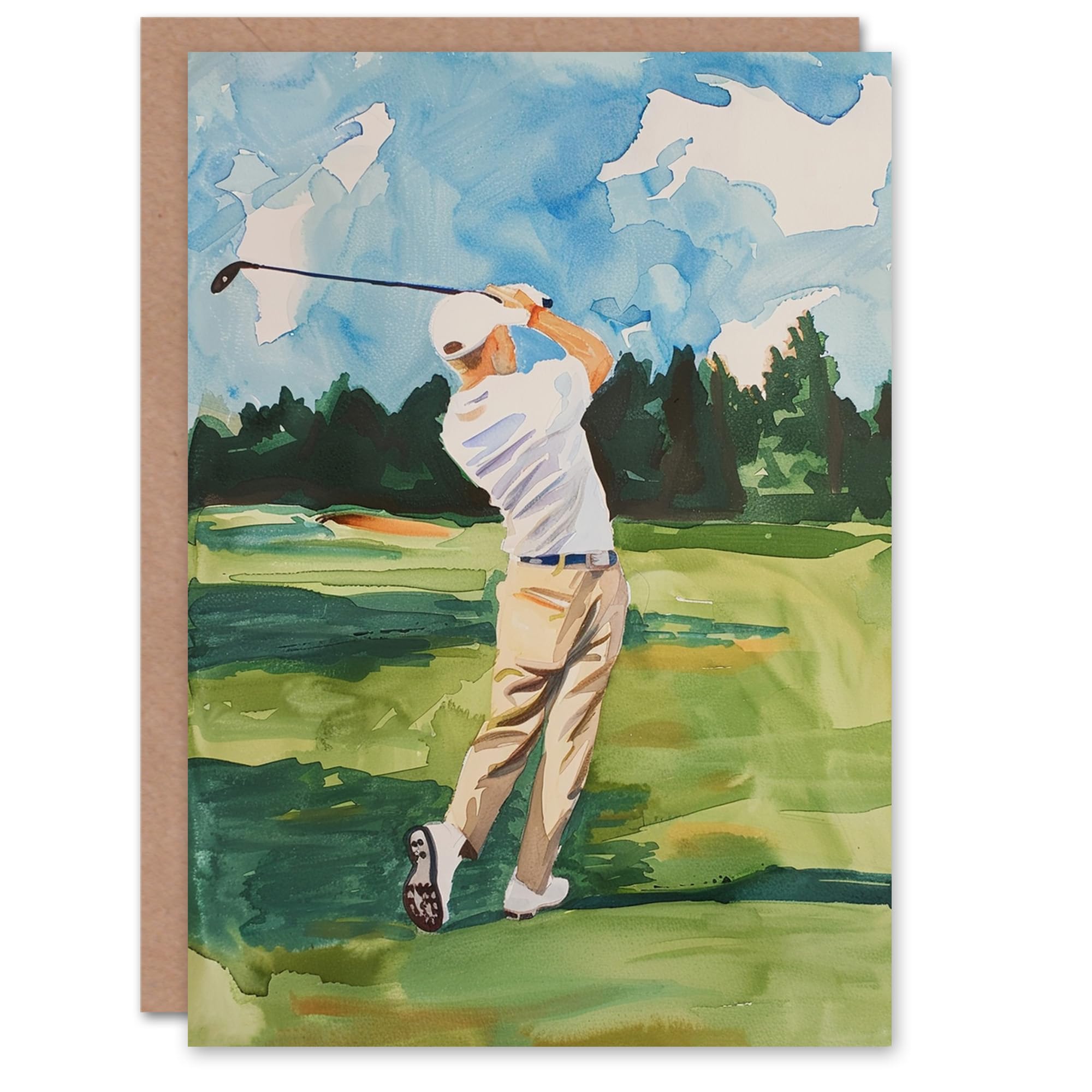 Artery8 Golfer Golf Course Golfing Sport Watercolour For Him Man Birthday Card