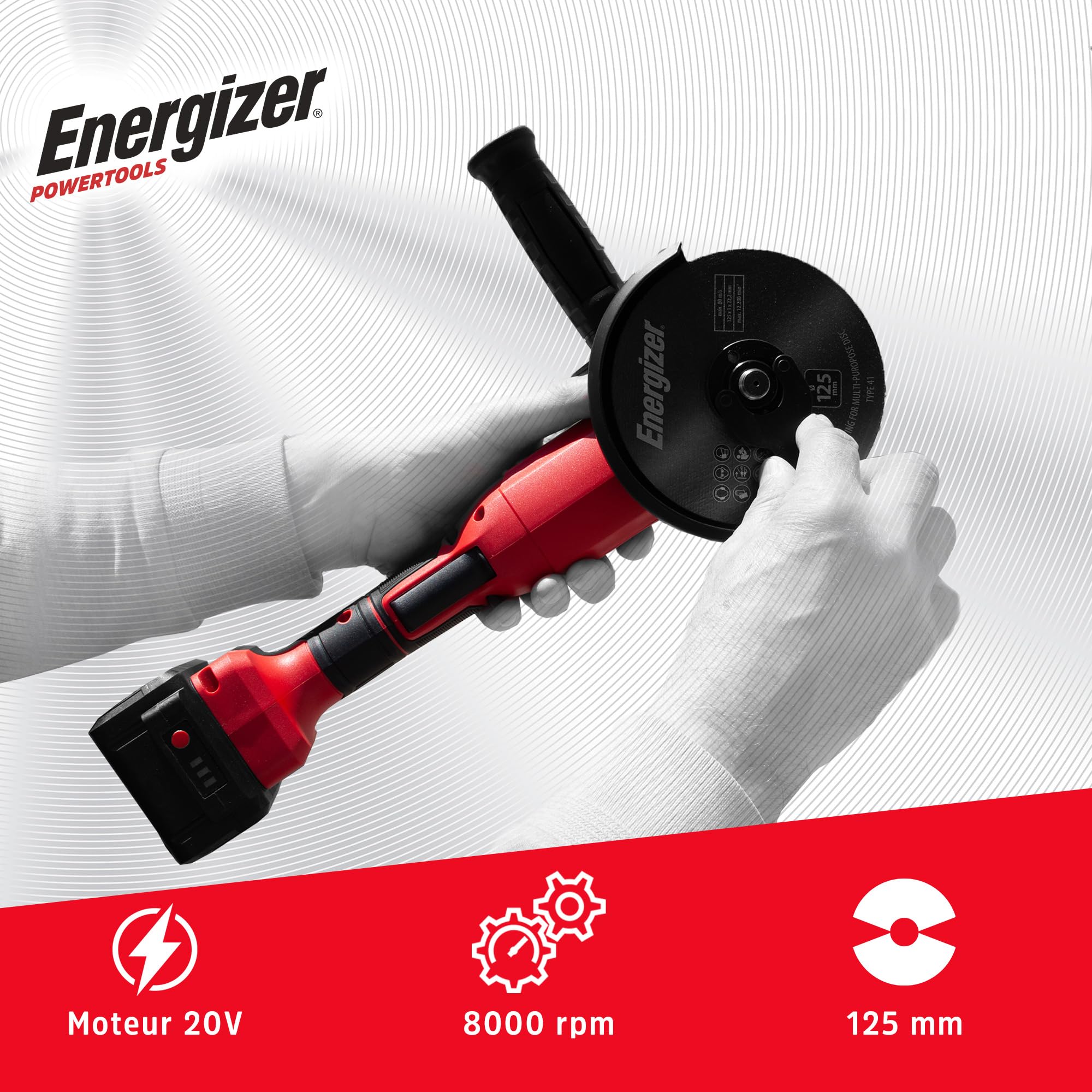 Energizer Smerigliatrice angolare senza fili 20 V – 8000 RPM, disco 125 mm, alloggiamento di protezione, interruttore di sicurezza, batteria 20 V e caricatore inclusi