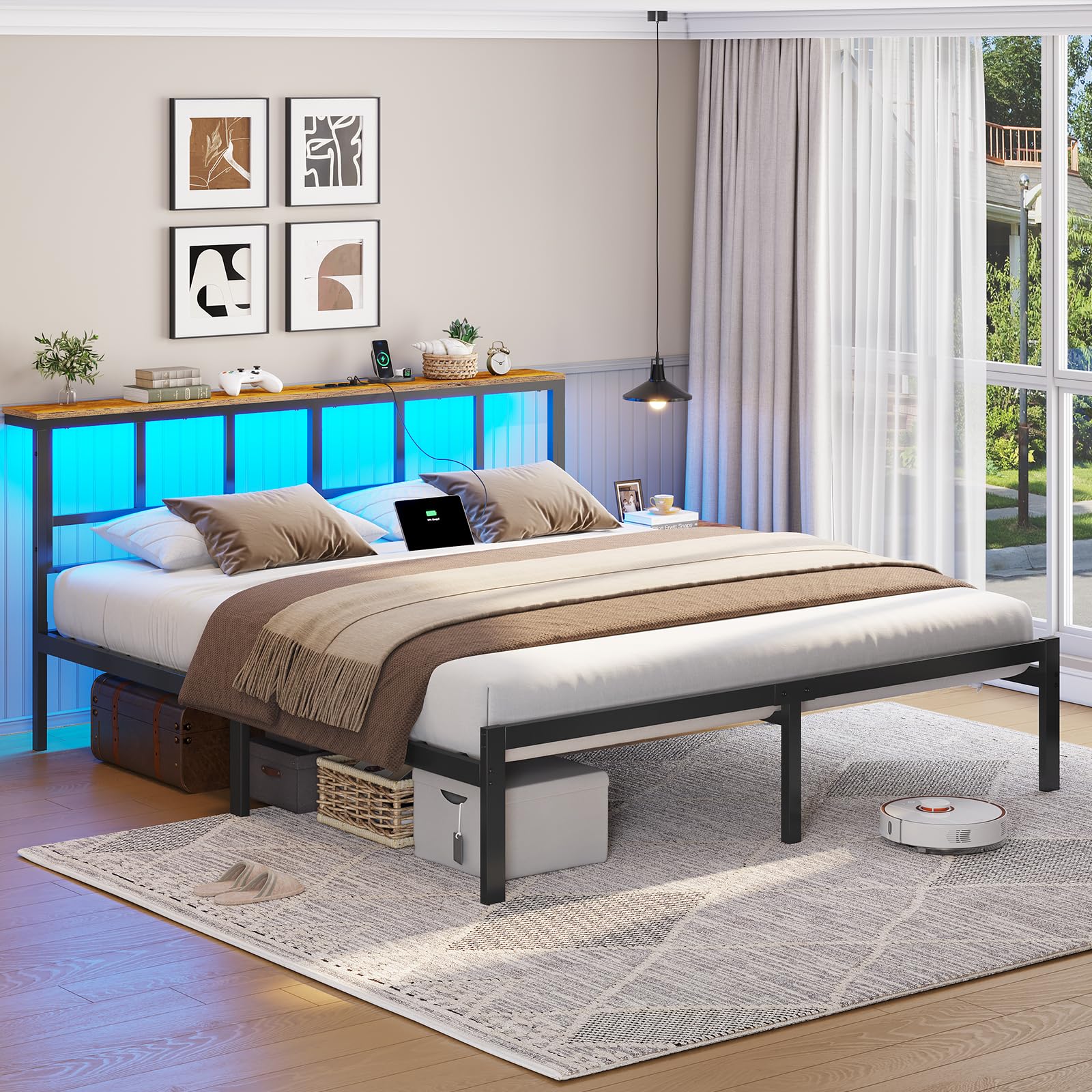 Brinlawb Struttura Letto Matrimoniale 180x200 cm con Luce LED e Stazione di Ricarica (2 Prese CA, 2 Porte USB) Struttura Letto 180x200 cm con struttura in metallo, Forte e stabile, Facile da montare