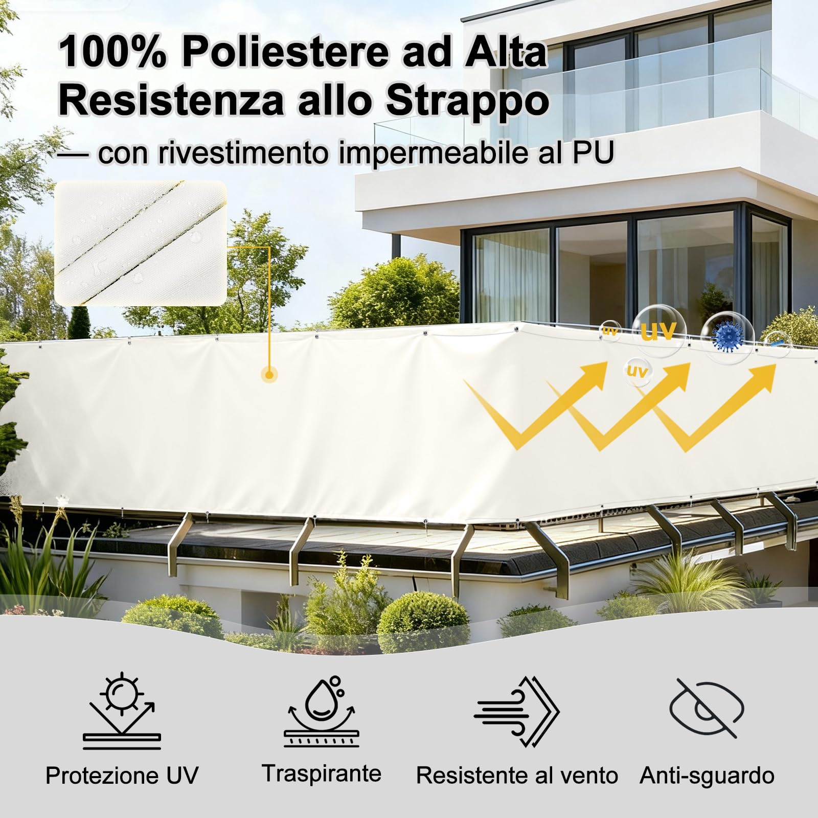 LOVE STORY Frangivisto Balcone 90x300cm PES Impermeabile Anti-UV Telo Copri Ringhiera Schermo Privacy Occhielli Beige
