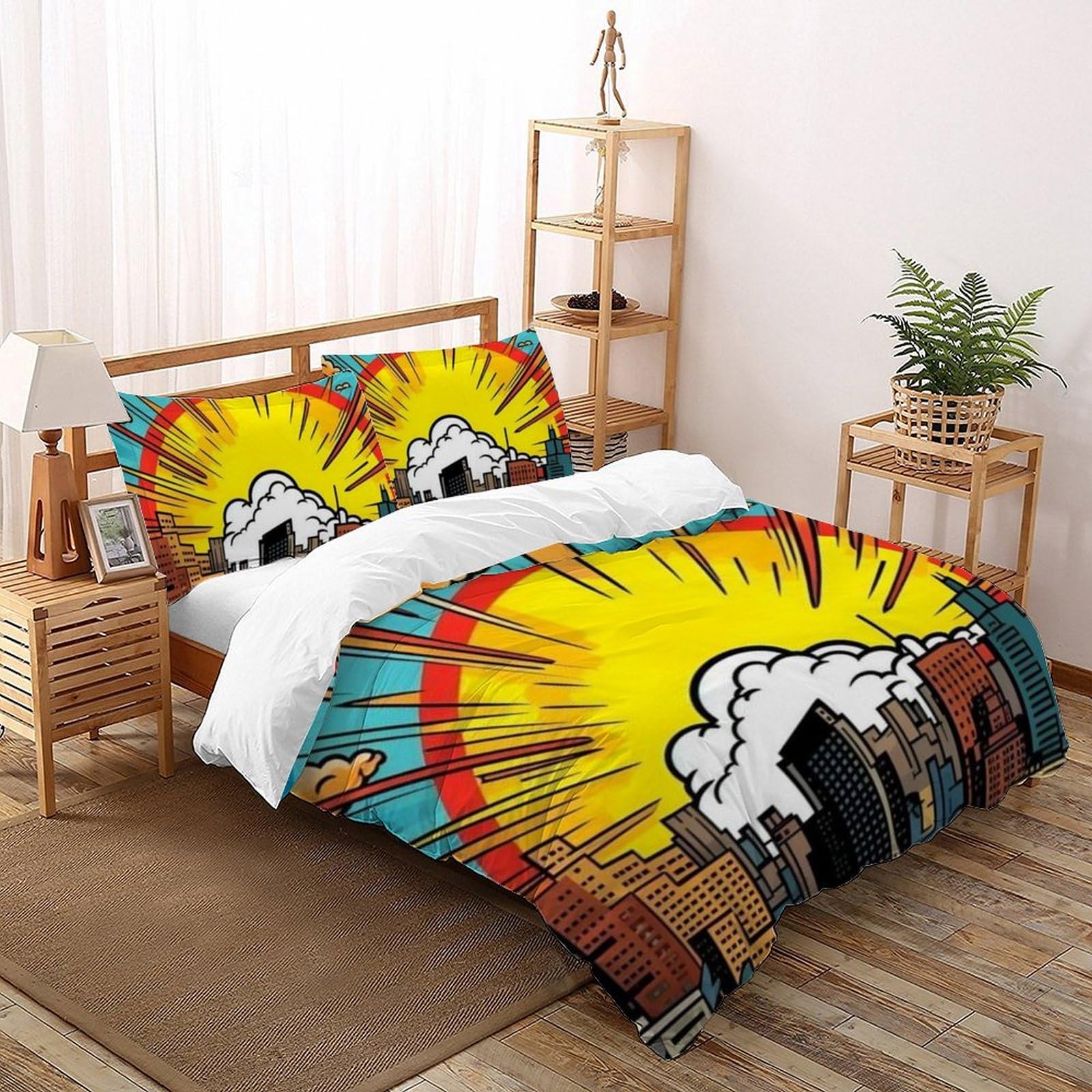 Housse de couette double 200x200cm en microfibre imprimé ville 3D pour lit enfant