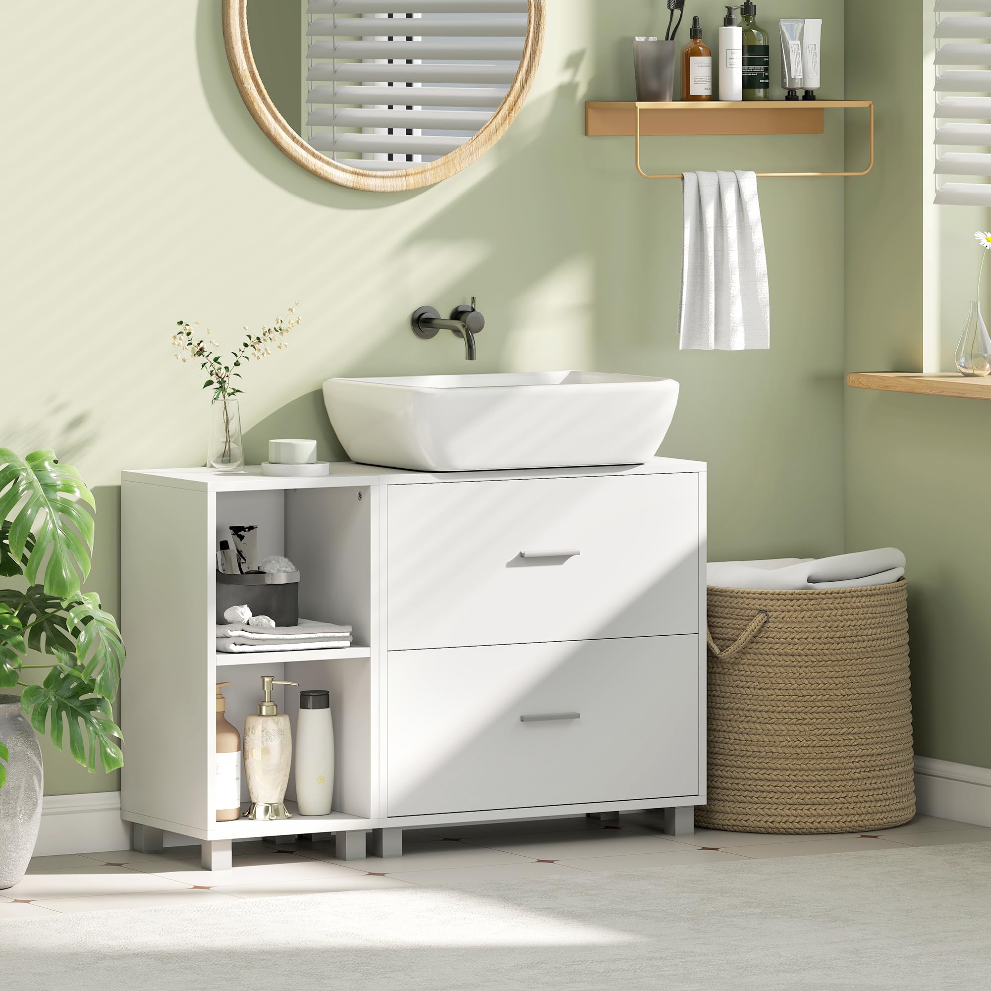 HOMCOM Mueble Bajo Lavabo, Mueble Baño para Pedestal 90x30x60 cm Blanco | 2 Cajones, 2 Estantes Abiertos, Estilo Moderno