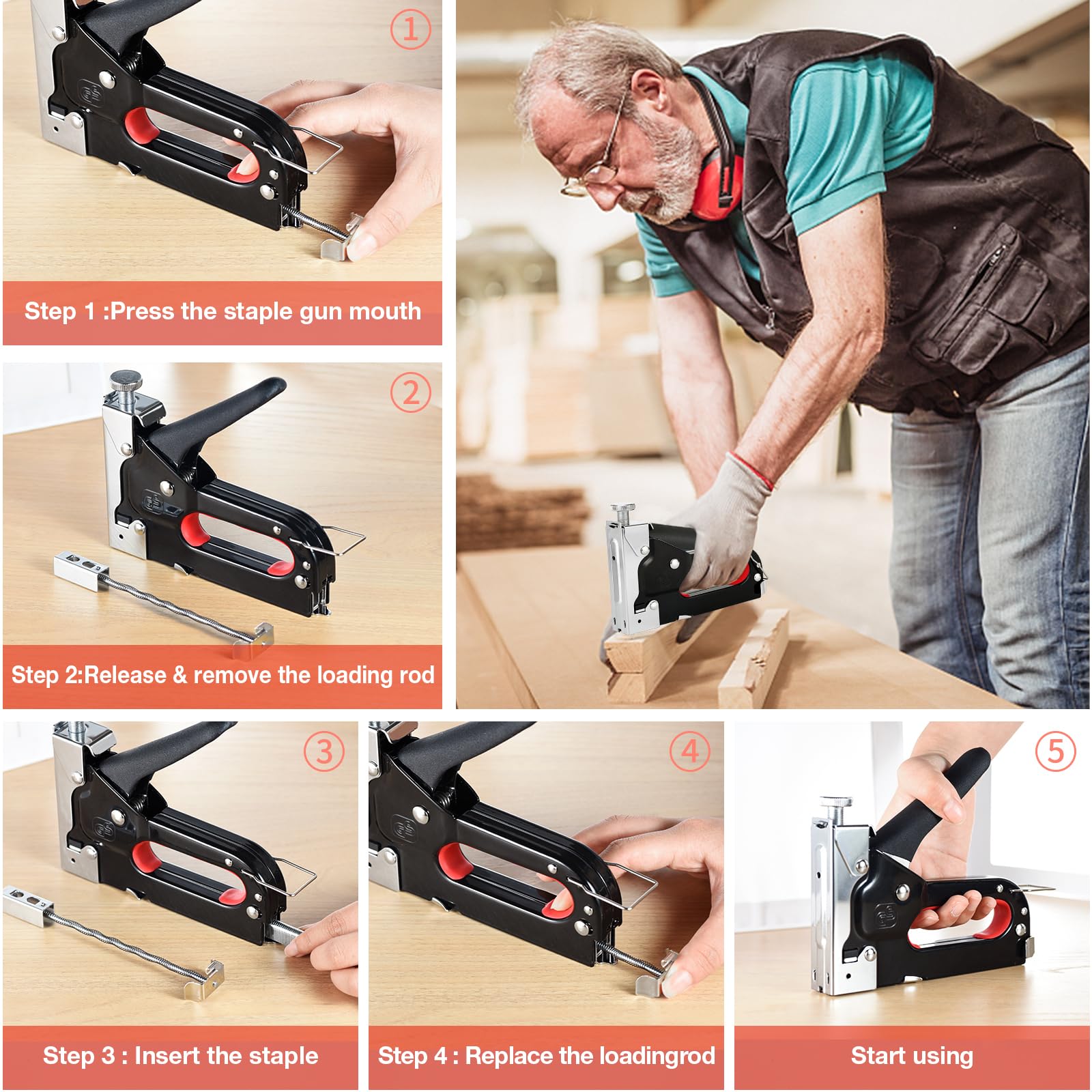 Staple Gun,Heavy Duty Staple Gun,3 in 1 Upholstery Heavy Duty Staple with 1200 Staples,Adjustment Nail Steel Gun for Wood Crafts - Image 2