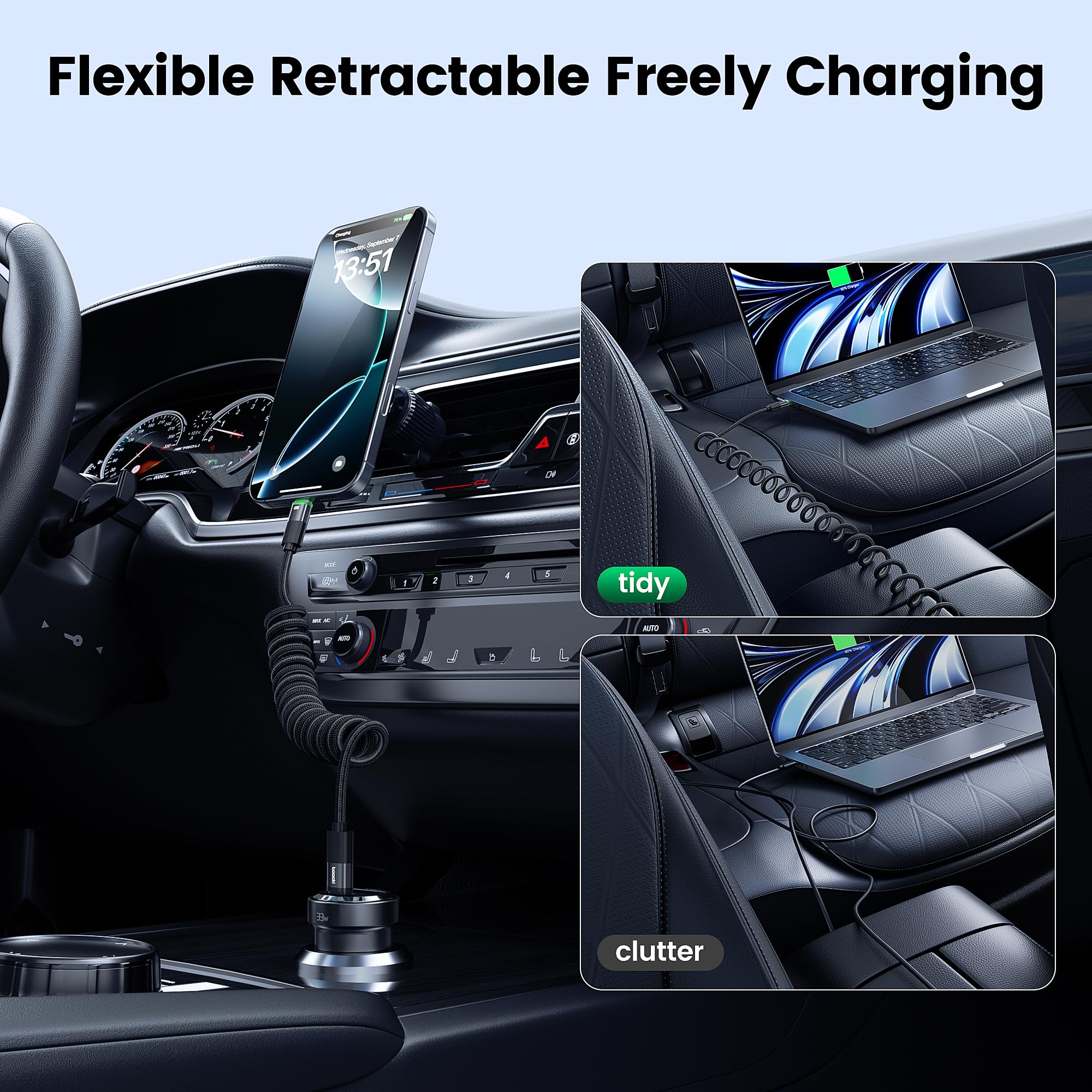 toocki USB C to USB C Coiled Cable, 1.8M USB C Coiled Cable with Data Sync LED Indicator for CarPlay, Compatible with iPhone 16/15 Series, iPad Air/iPad Pro, MacBook Pro,Galaxy S23/S21/S10/S9