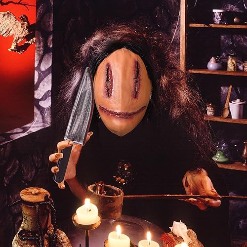 Miniatura 6 de Liliful Máscara espeluznante de Halloween con cabello, máscara de diablo de terror con cuchillo, costuras de miedo, máscara de fantasma femenino de