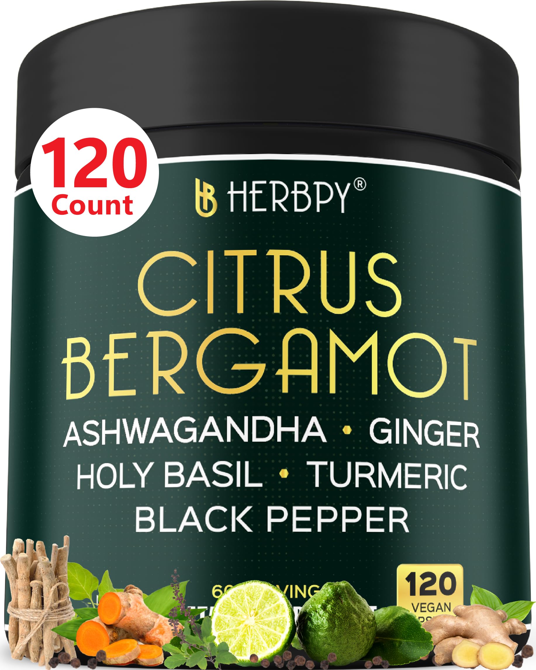 Herbpy 6in1 Citrus Bergamot Supplement with Ashwagandha, Holy Basil, Turmeric & Ginger Root - Healthy Aging, Immune & Relaxation - 120 Vegan Capsules 120 Count (Pack of 1)