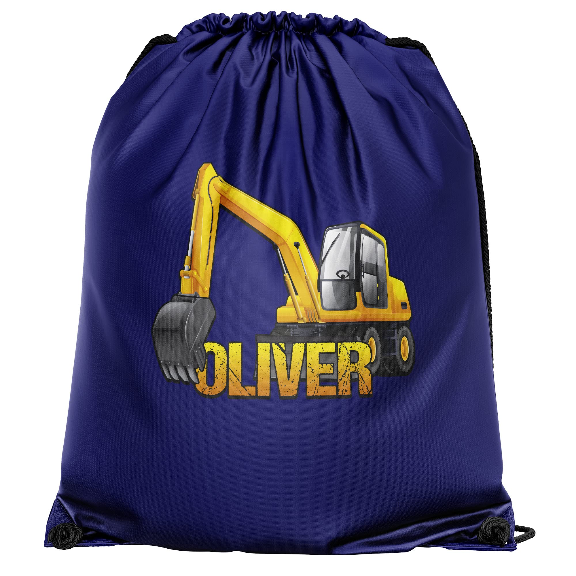 Personalised Yellow Digger Drawstring Bag, Custom Back to School and Nursery Gifts for Boys, Digger Crazy Boys, Essential Kids PE Kit Swimming Bag, One Size, Navy