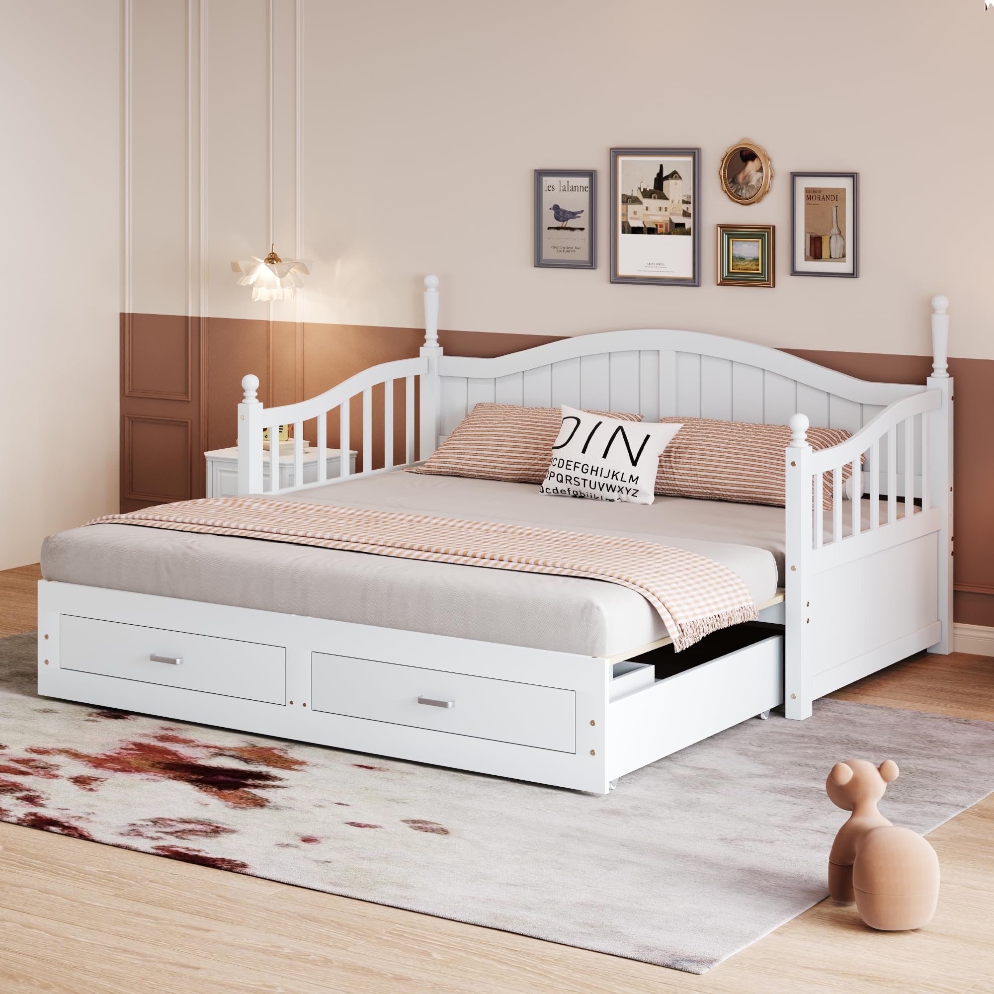Kebnor Sofá cama extensible de madera maciza 90/180 x 190 cm, con columnas romanas, con respaldo y reposabrazos curvados, con cajones y somier (blanco)