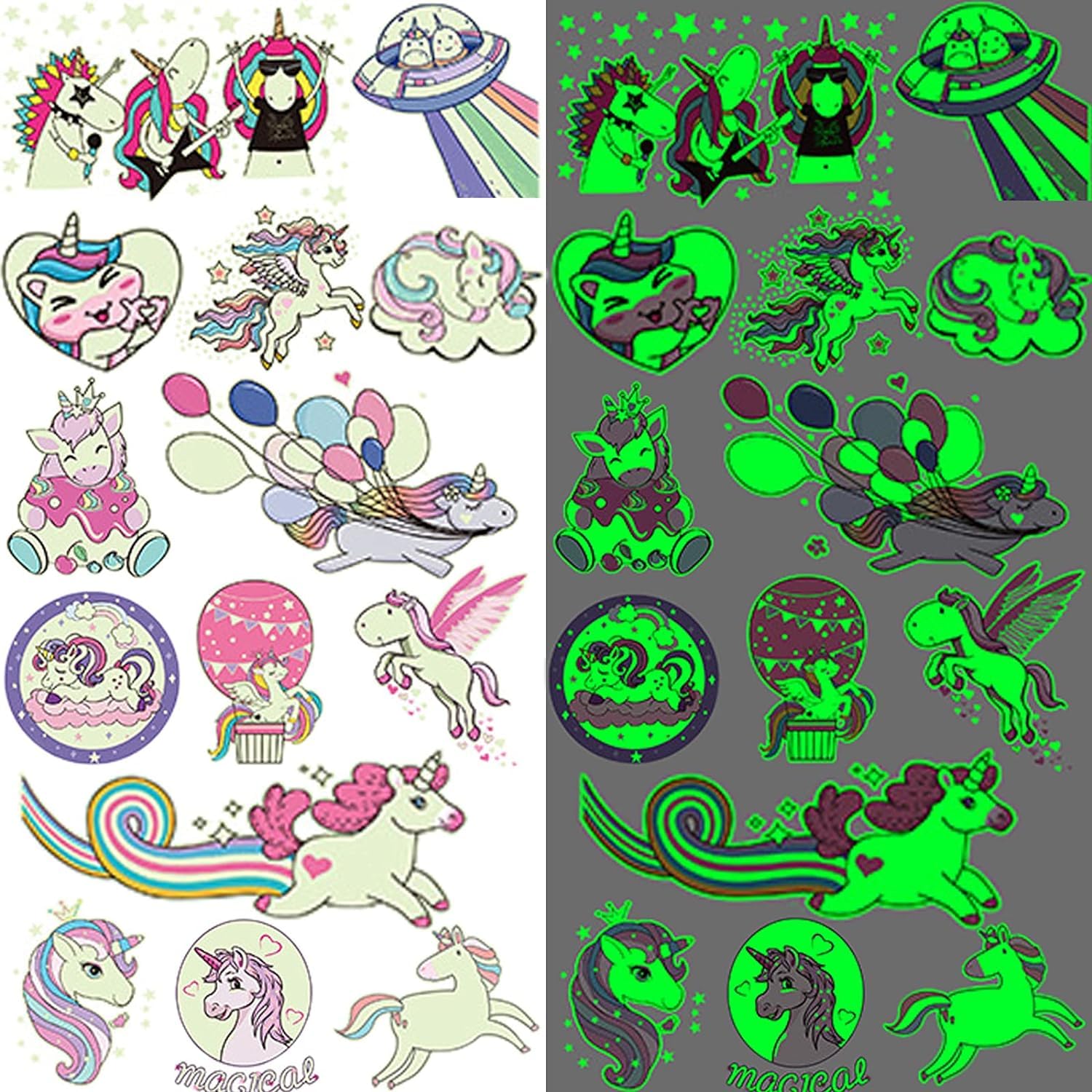 Luminous Unicorn Temporary Tattoos for Girls - 12 Sheets Glow in The Dark Unicorn Stickers Party Favors Decorations for Kids Girls (Unicorn)