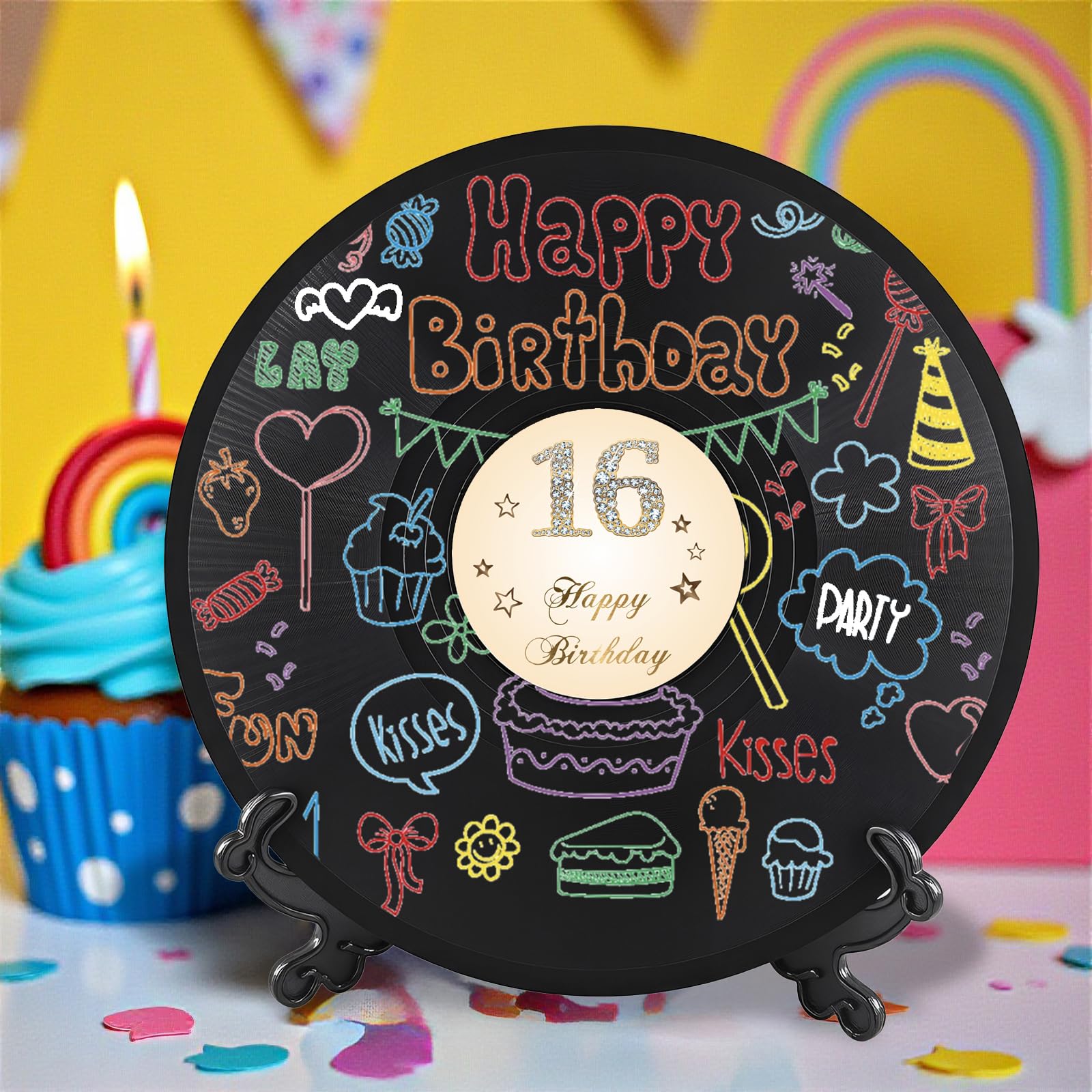 Płyta winylowa 'Sweet 16 Birthday' dekoracje 38 cm x 11,15 cm, dekoracje na 16. urodziny, przyjęcie, plakat, alternatywa dla księgi gości na 16. urodziny, świetny prezent dla dziewcząt lub chłopców