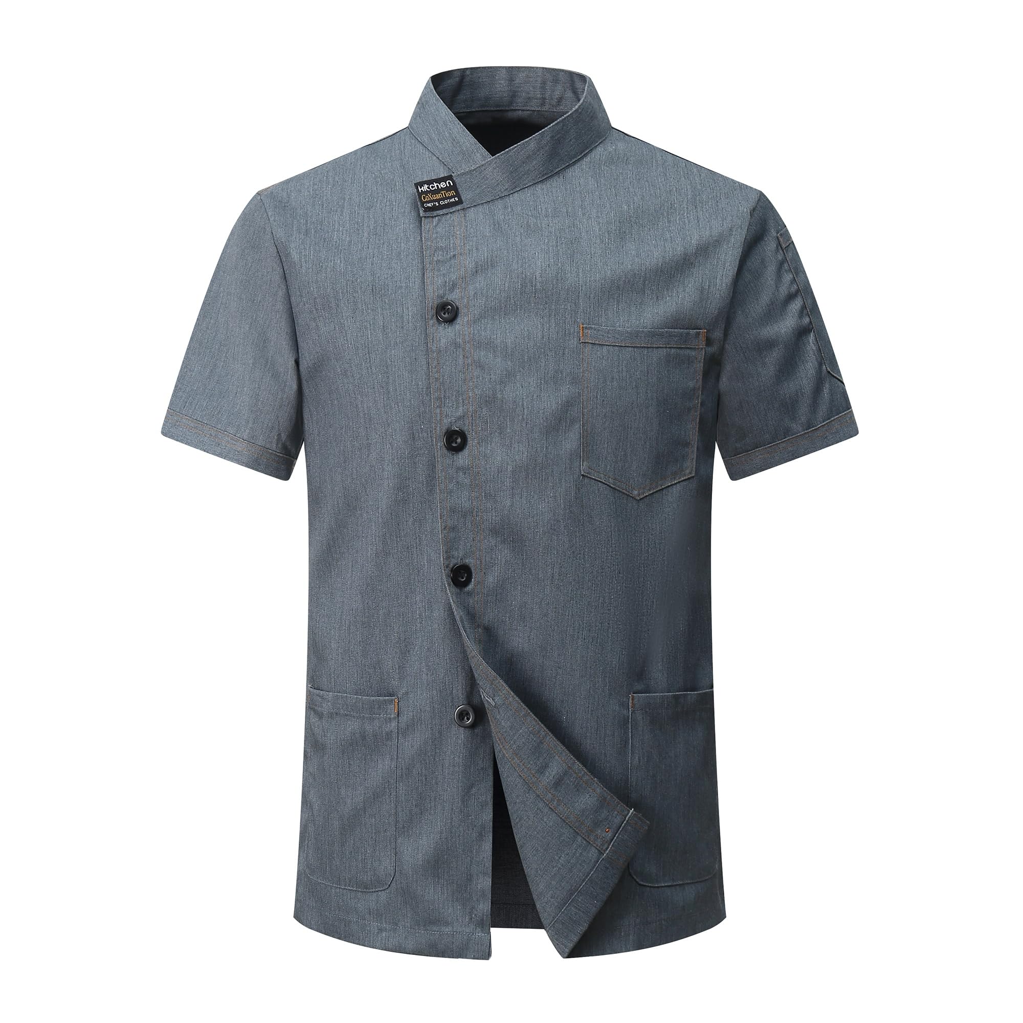 Veste de Cuisine Hommes Manches Courtes Cuisinier Chef Uniforme Professionnel Veste Unisexe Hôtel Cuisine Léger Respirante Chef Vêtement Restaurant Uniforme avec 3 Poches