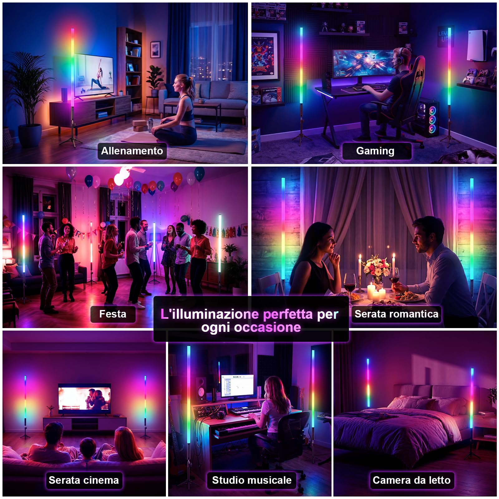 Set di 4 Barre LED RGB con Treppiede, Tubo Luminoso Video da 120 cm, Sincronizzazione Musicale, Batteria Ricaricabile da 5200 mAh, Controllo tramite App e Telecomando, Luce RGB Dimmerabile per Fotogra