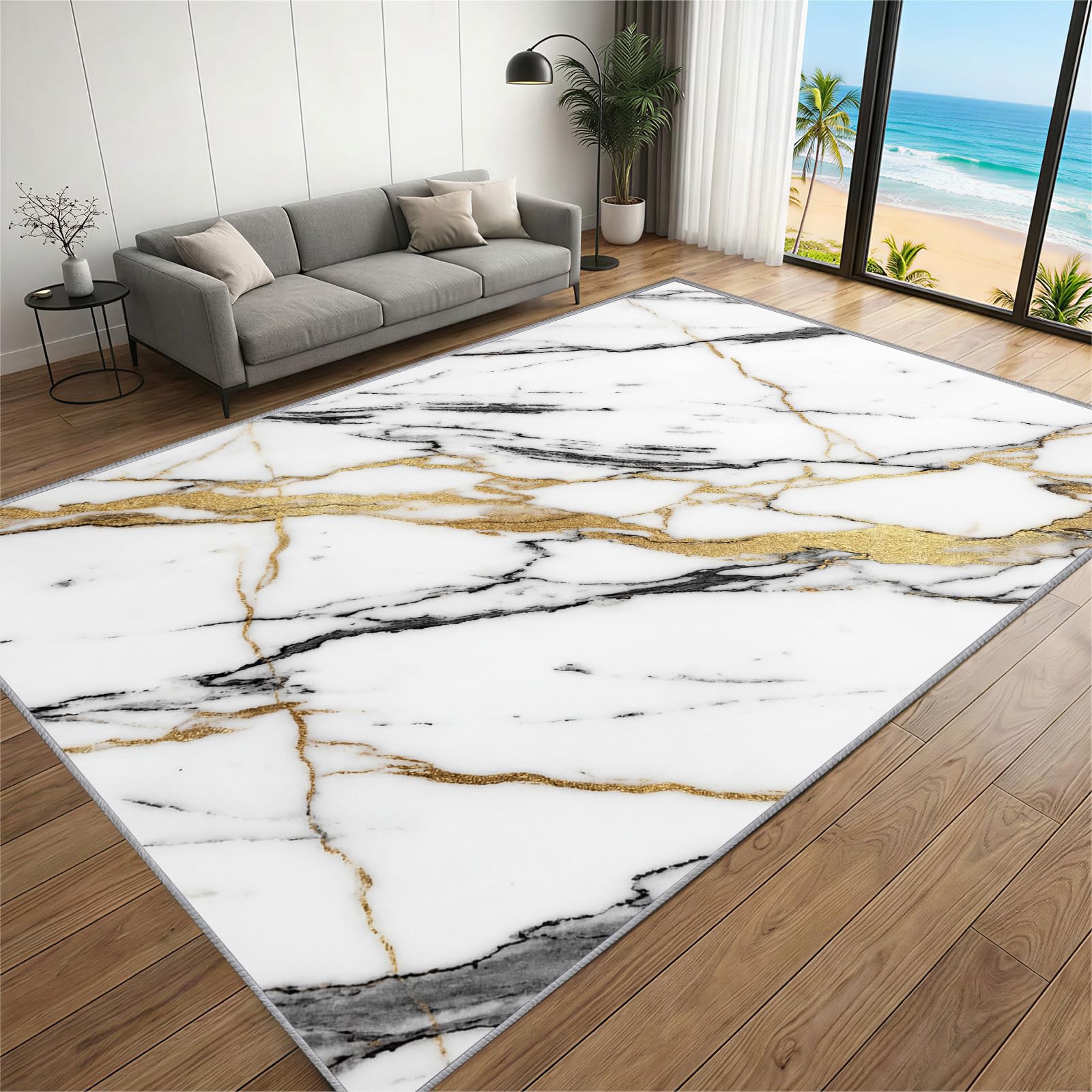 BEQUTIY Luxurious Marble Rug 180 x 270 cm, Artistic Style Modern Area Rugs, White Gold Flannel Carpet Soft & Breathable for Machine Washable Non Slip Carpet, for Dining Room, Bedroom Fireplaces