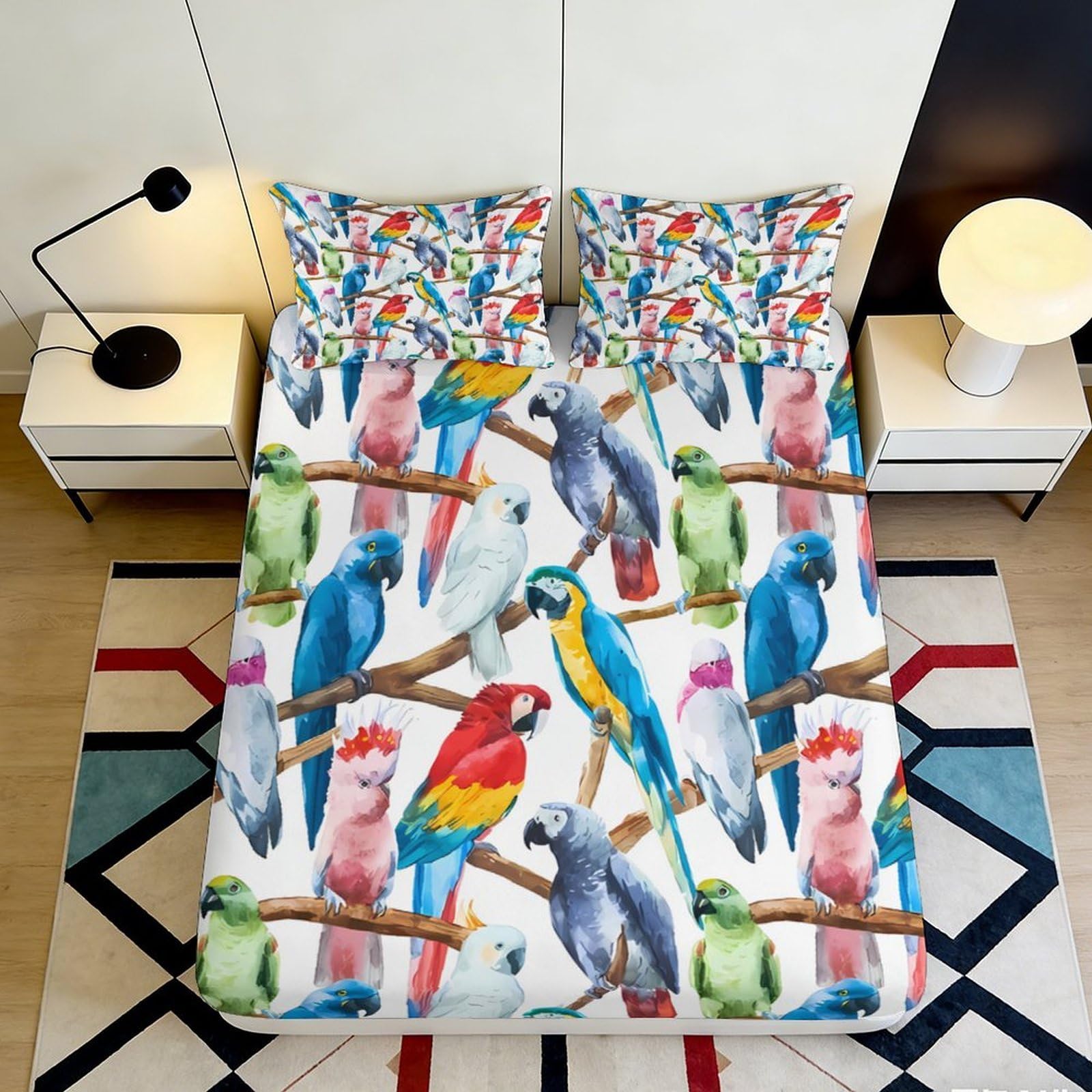 3D Printed Colorful Parrot Birds Fitted Sheet Microfiber Soft Mattress Cover Vibrant Tropical Animal Bedroom Decor 140x200x25cm