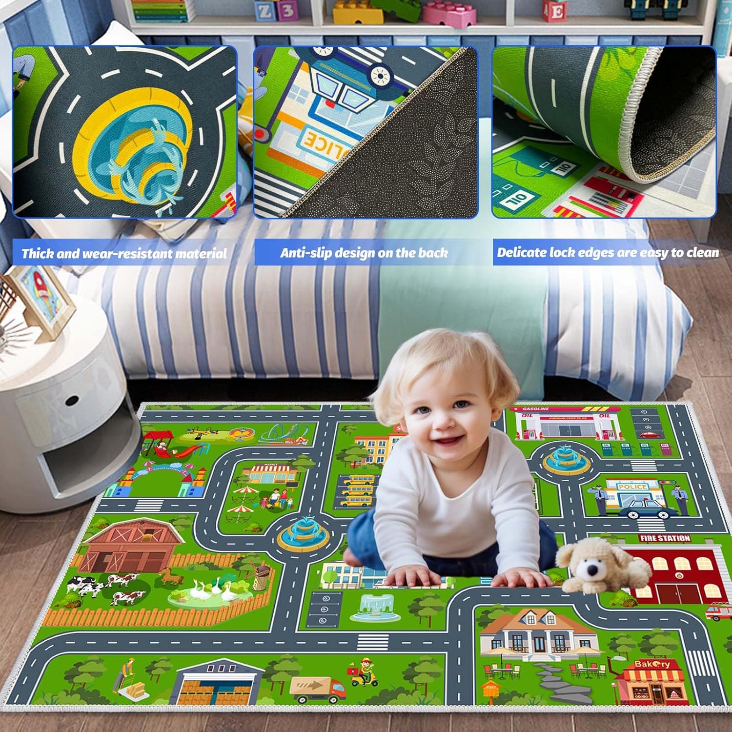 Kids Road Car Rug, 47''x71'' Playroom Rugs City Road Race Track Rugs for Playing Cars Toys, Kids Car Rug Play Mat Road Carpet for Kid.