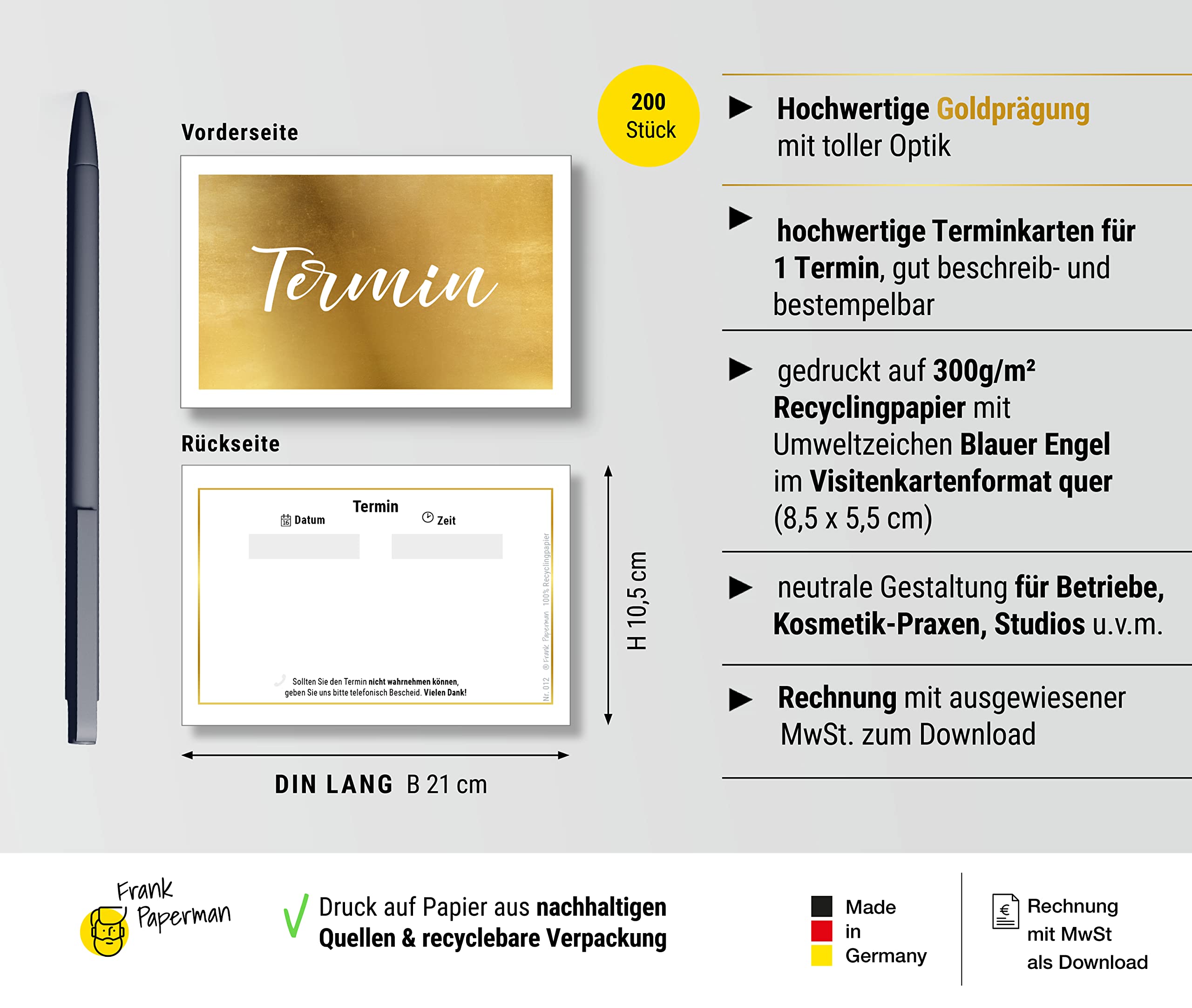 200x Terminzettel gold | mit hochwertiger Goldfolienprägung | 1 Termin auf einem Terminzettel praxis | Visitenkartenformat | Querformat