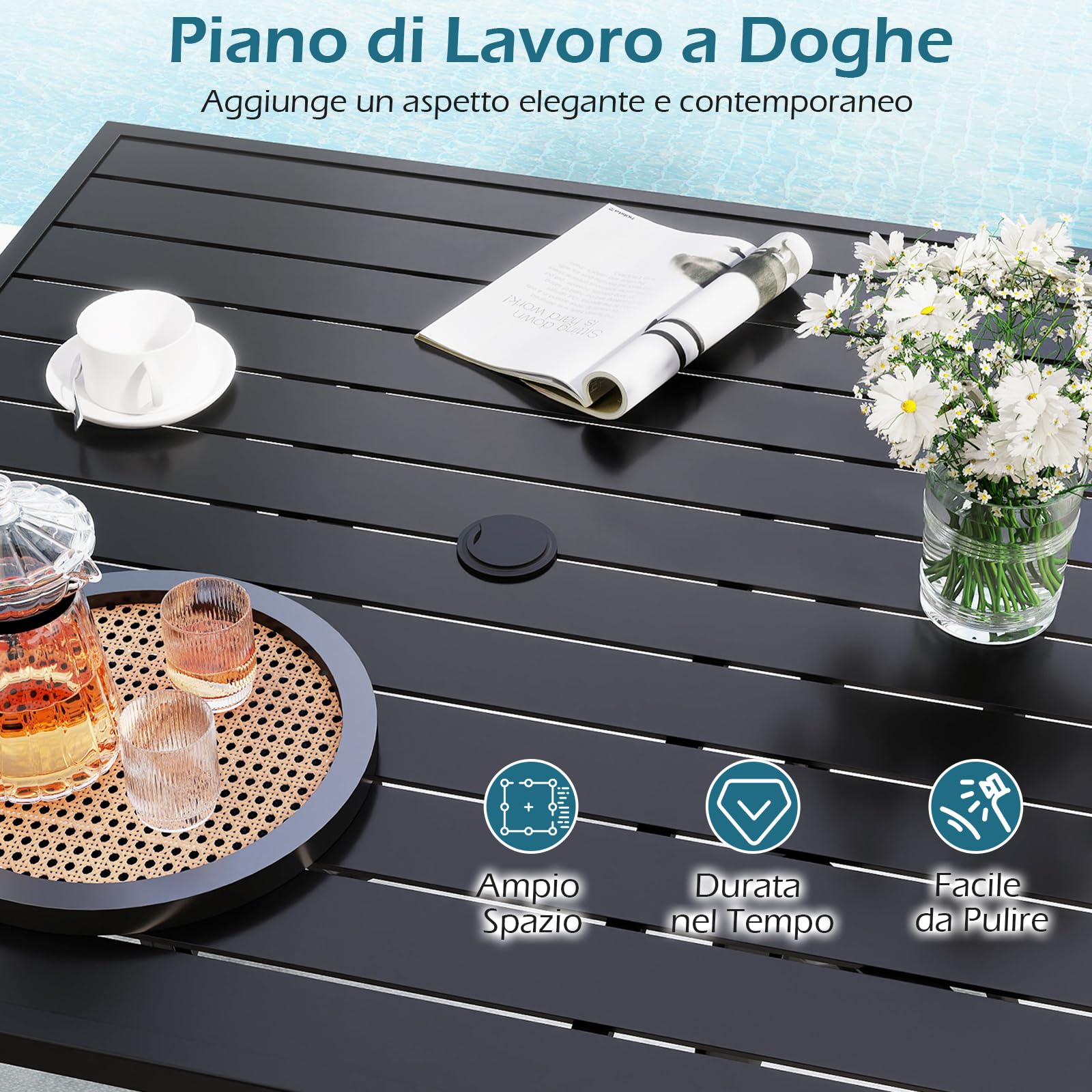 COSTWAY Tavolo Esterno in Metallo, con Foro per Ombrellone, Tappo per Foro, Tavolo Caffè Quadrato per Patio Cortile Piscina, 91 x 91 x 73 cm