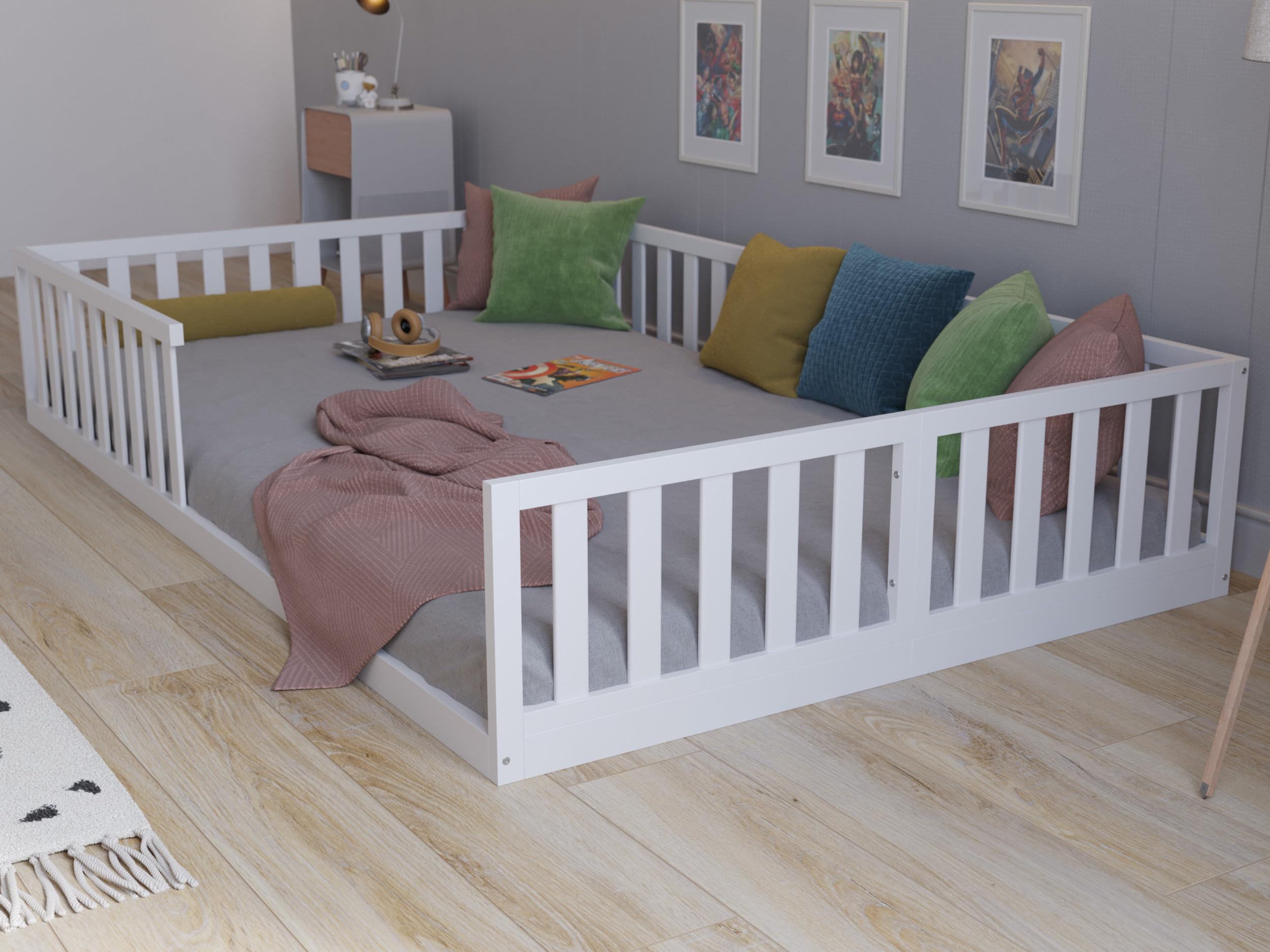Love For Sleep Letto a pavimento bambini Bianco120x200cm Letto Montessori Costruzione Adatta ai Bambini, in legno, basso per bambini con doghe di legno