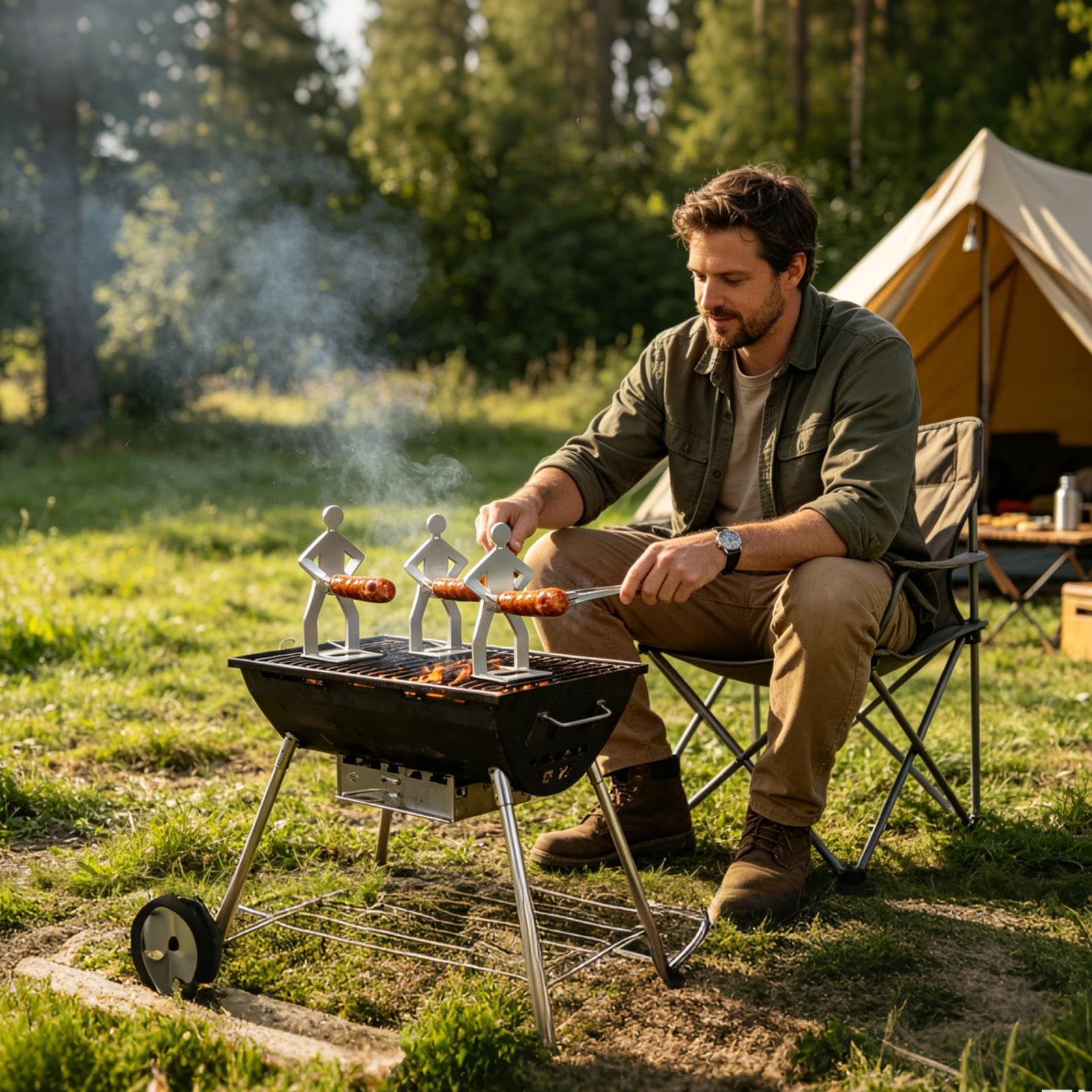 Generisch Zabawny grill do kiełbasy z kulinarnym facetem, szaszłyki ze stali nierdzewnej, nowatorskie uchwyty na hot dogi, humorystyczny zestaw do pieczenia na rożnie, artystyczna estetyka z