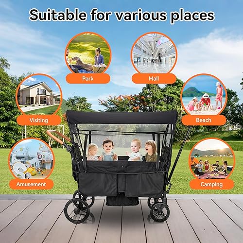 Miniatura 8 de Cochecito para 4 niños sentados en tándem plegable carrito de viaje ligero con arnés de 5 puntos, mango ajustable y dosel, mosquitera, huecos,