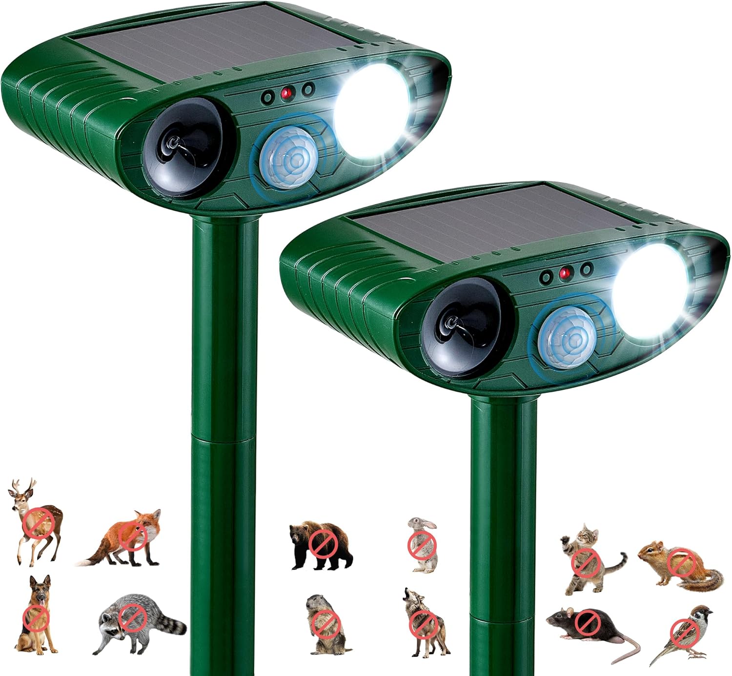 2 Pack Solar Animal Repeller for Raccoons, Deer & Squirrels - Ultrasonic & Strobe Light, Outdoor Deterrent for Cats, Dogs, Raccoons, Rabbits, Skunks, Foxes & More 2PCS
