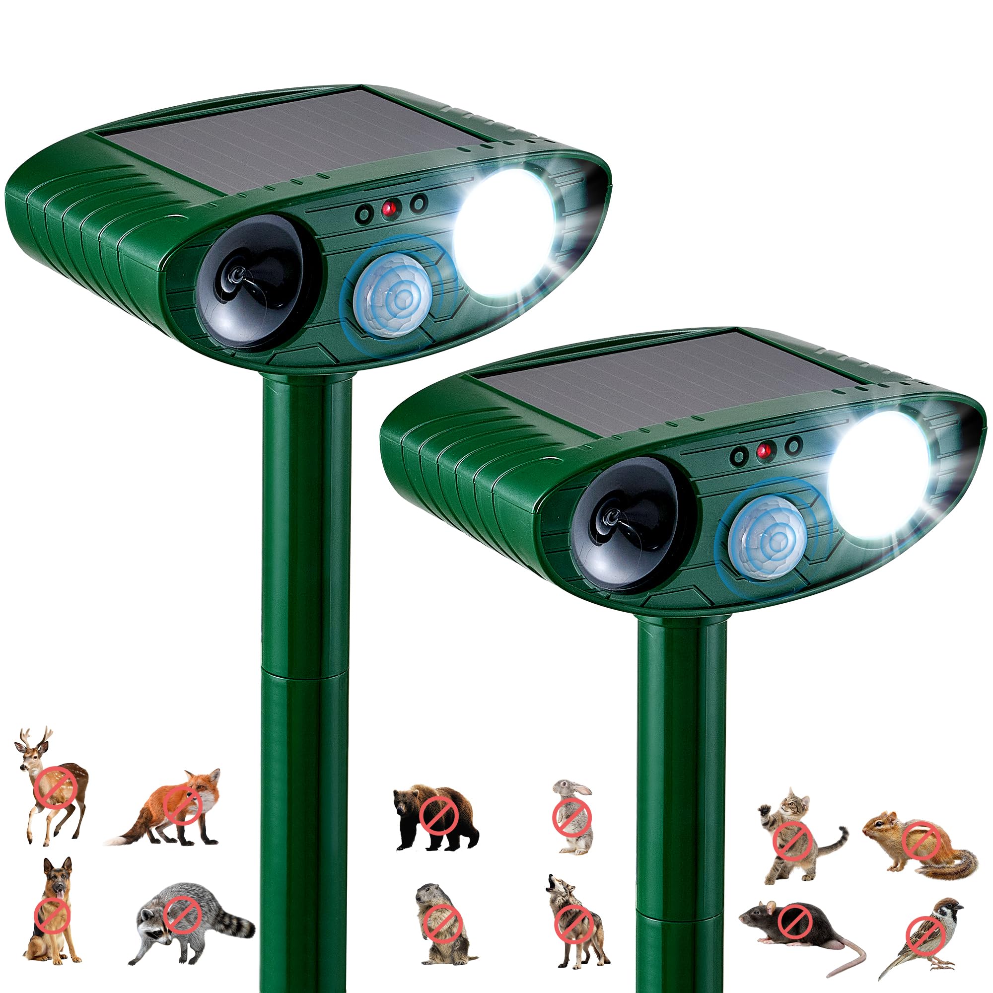 2 Pack Solar Animal Repeller for Raccoons, Deer & Squirrels - Ultrasonic & Strobe Light, Outdoor Deterrent for Cats, Dogs, Raccoons, Rabbits, Skunks, Foxes & More