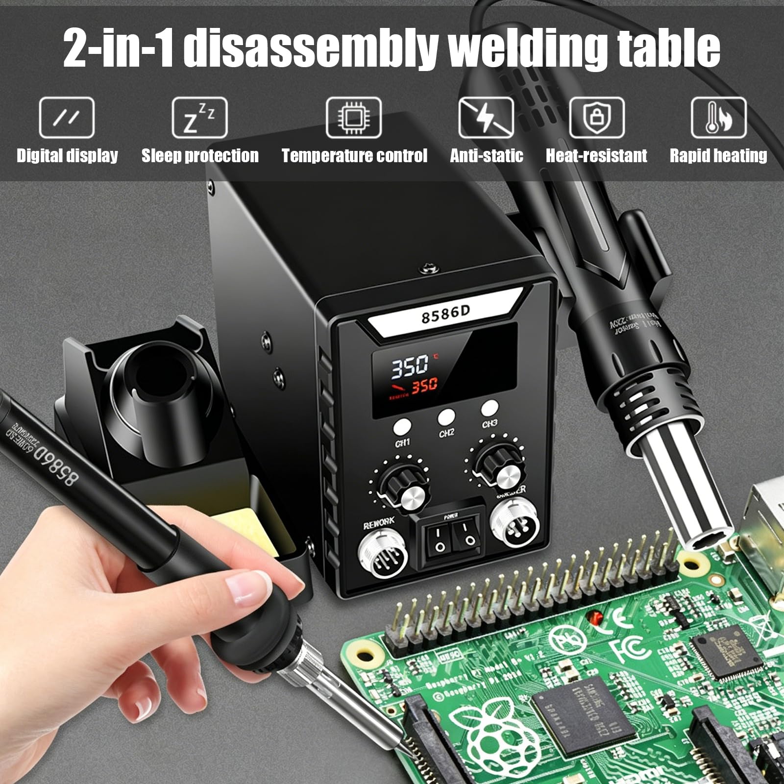 Stazione di saldatura, 2 in 1, stazione saldatrice ad aria calda, set 8586D, 600 W, stazione dissaldante Soldering Station 180-500 ℃, temperatura regolabile e volume dell'aria, set di saldatura per