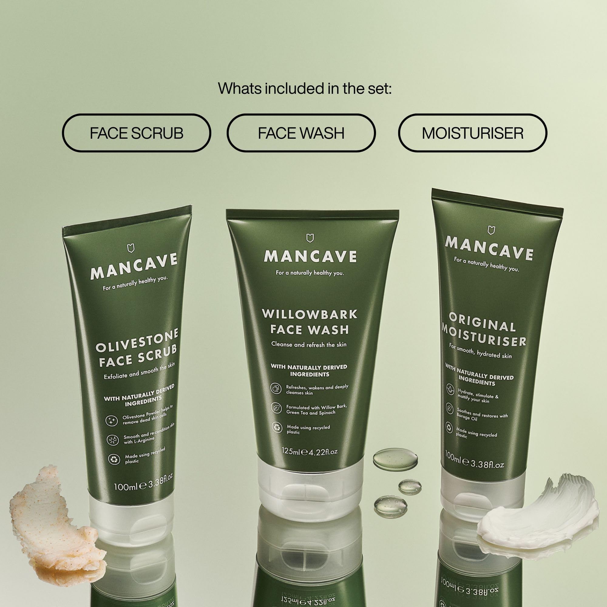 ManCave Gesichtspflege Set Herren 3-Teilig - Geschenkset Männer mit Waschgel, Peeling & Feuchtigkeitscreme - Natürliche Hautpflege Männer - Vegan - Pflegeset Geschenk