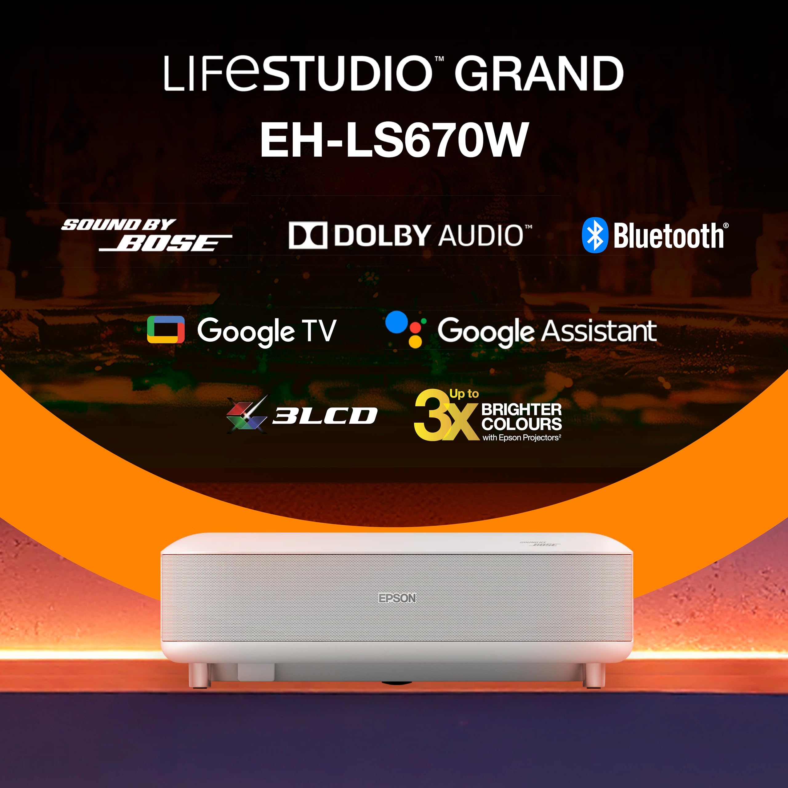 Epson Lifestudio Grand EH-LS670W | Proyector láser Smart TV de distancia ultracorta | 4K Pro‑UHD | 3600 lúmenes | Imágenes con IA | Sound by Bose | Google TV | Hasta 120″ | Garantía de 5 años | Blanco