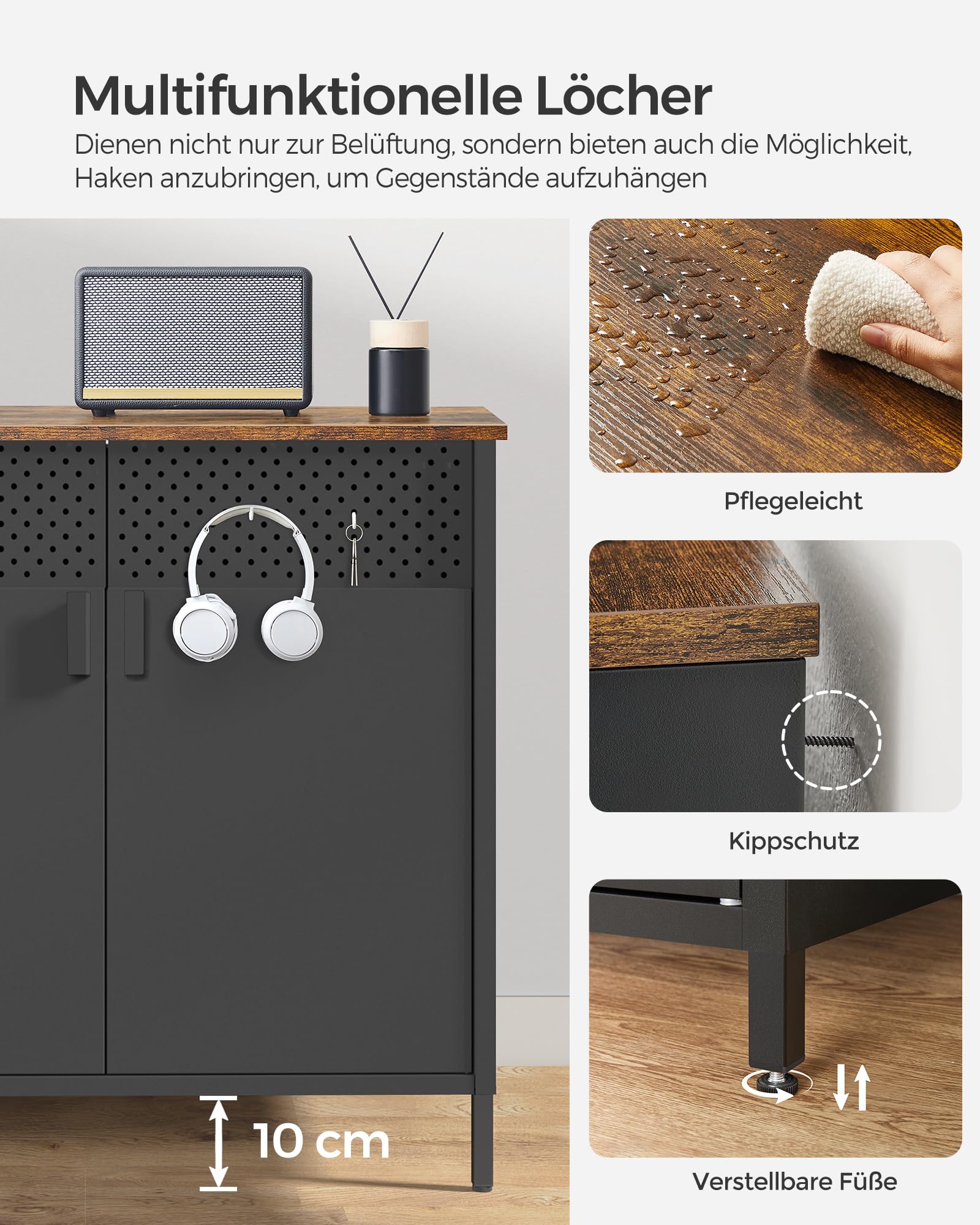SONGMICS Aufbewahrungsschrank, Metallschrank, mit Doppeltür, Magnetverschluss, Verstellbarer Einlegeboden, Stahlgestell, 40 x 80 x 76 cm, vintagebraun-schwarz LSC102B01