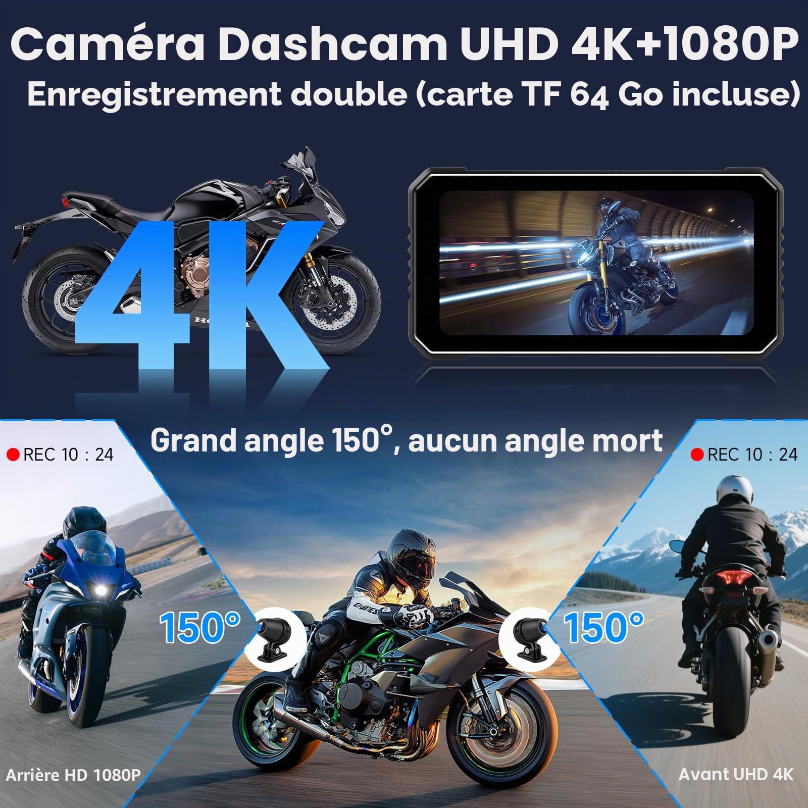 Vtopek CarPlay Moto avec 6,25 Pouces Display Dashcam Moto Carplay Android Auto avec 4K+1080P Double Caméra Navigation GPS Étanche Double Bluetooth Commande Vocale Siri Carte 64GB-TF