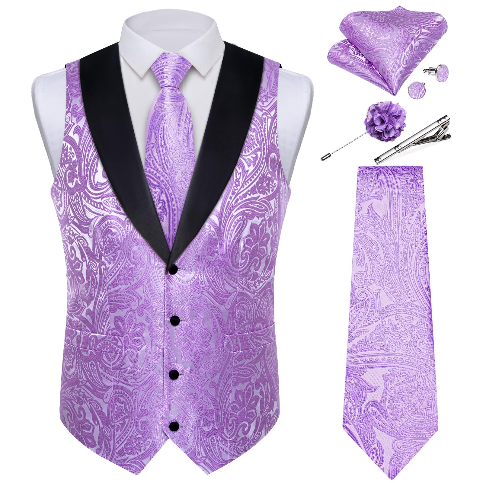 DiBanGu Mens Paisley Suit Vest Silk Jacquard Waistcoat and Necktie Set Formal Shawl Collar Dress Vest 7PCS for Wedding Party
