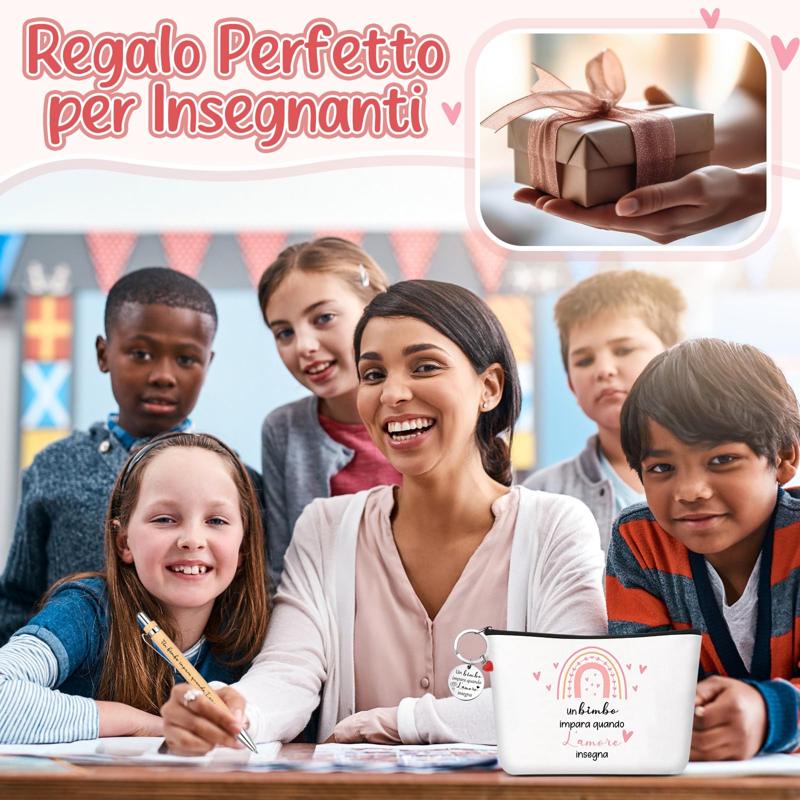 Jadive Set Regalo Maestra Fine Anno Borsa per Cosmetici Portachiavi Biglietto di Ringraziamento a Forma di Cuore in Legno Penna a Sfera in Legno Regalo Creativo Addio per Insegnante