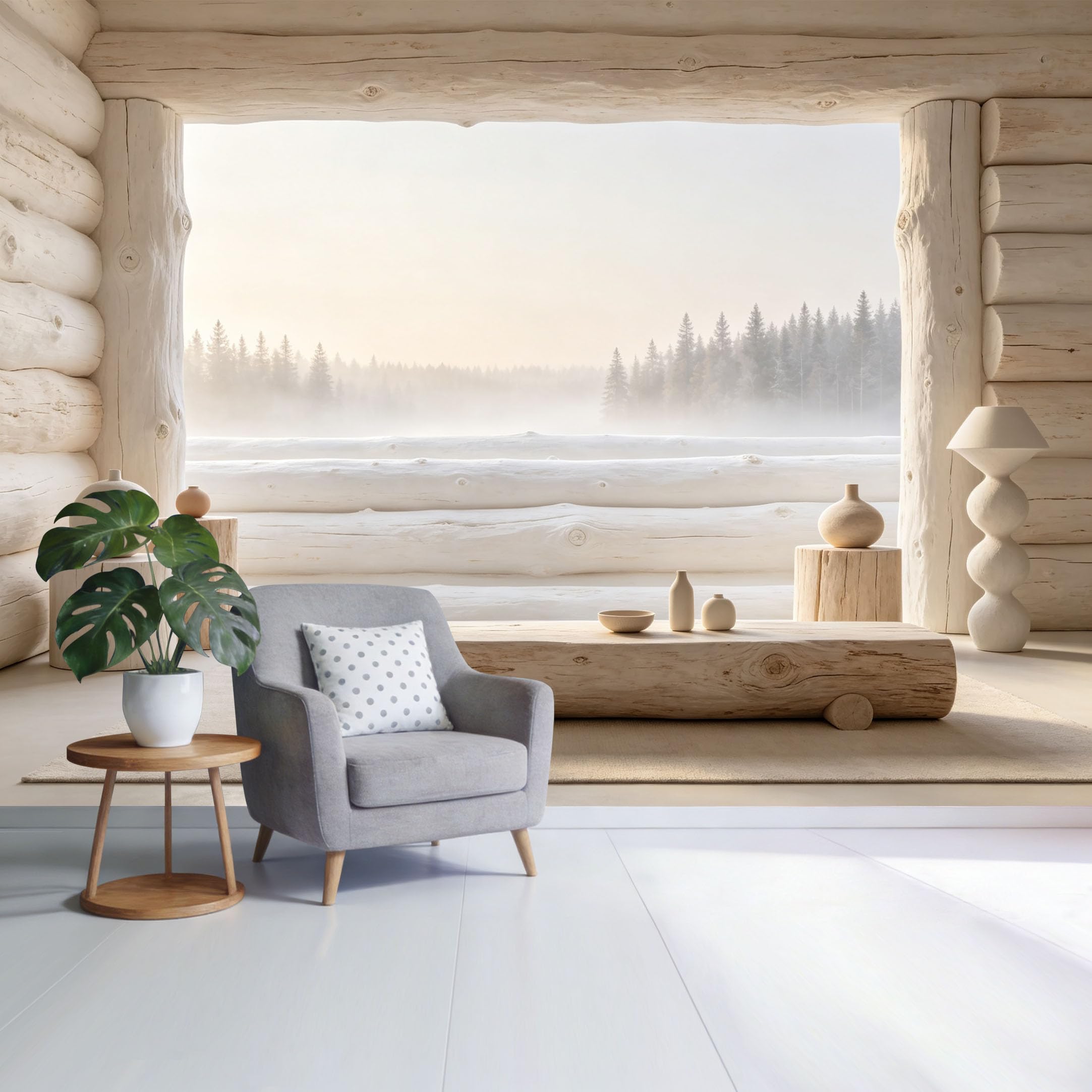 Custom Size Wall Mural Scandinavian Forest Landscape Log Cabin Minimalist Neutral Tones SelfAdhesive Wall Fabric Removable Wallpaper for Home Office Decor