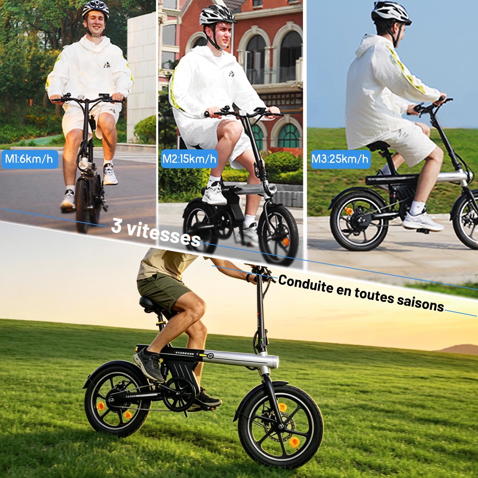 16" Vélo Électrique Adulte Ados - Autonomie 30-50km Velo Electrique Pliable,Ebike VTT Tout-Terrain,36V 12.8Ah Batterie,Double Disque E-Bike,3 Speed Modes Vélo électrique Hommes