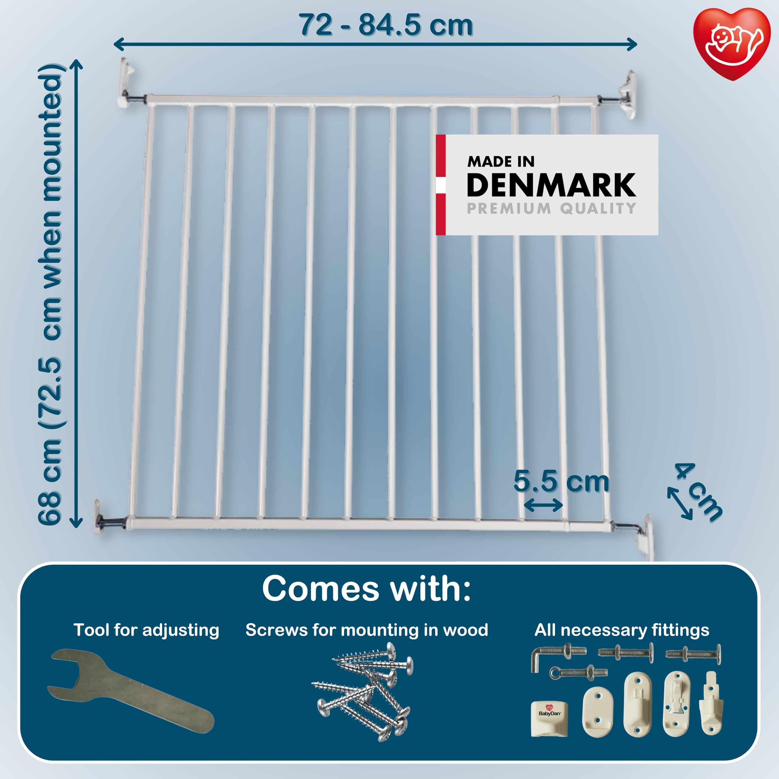 BabyDan Billund Safety Gate – Wall-Mounted Baby Gate for Openings 72-84.5 cm – No Bottom Bar Design for Safe Passage – White, Metal