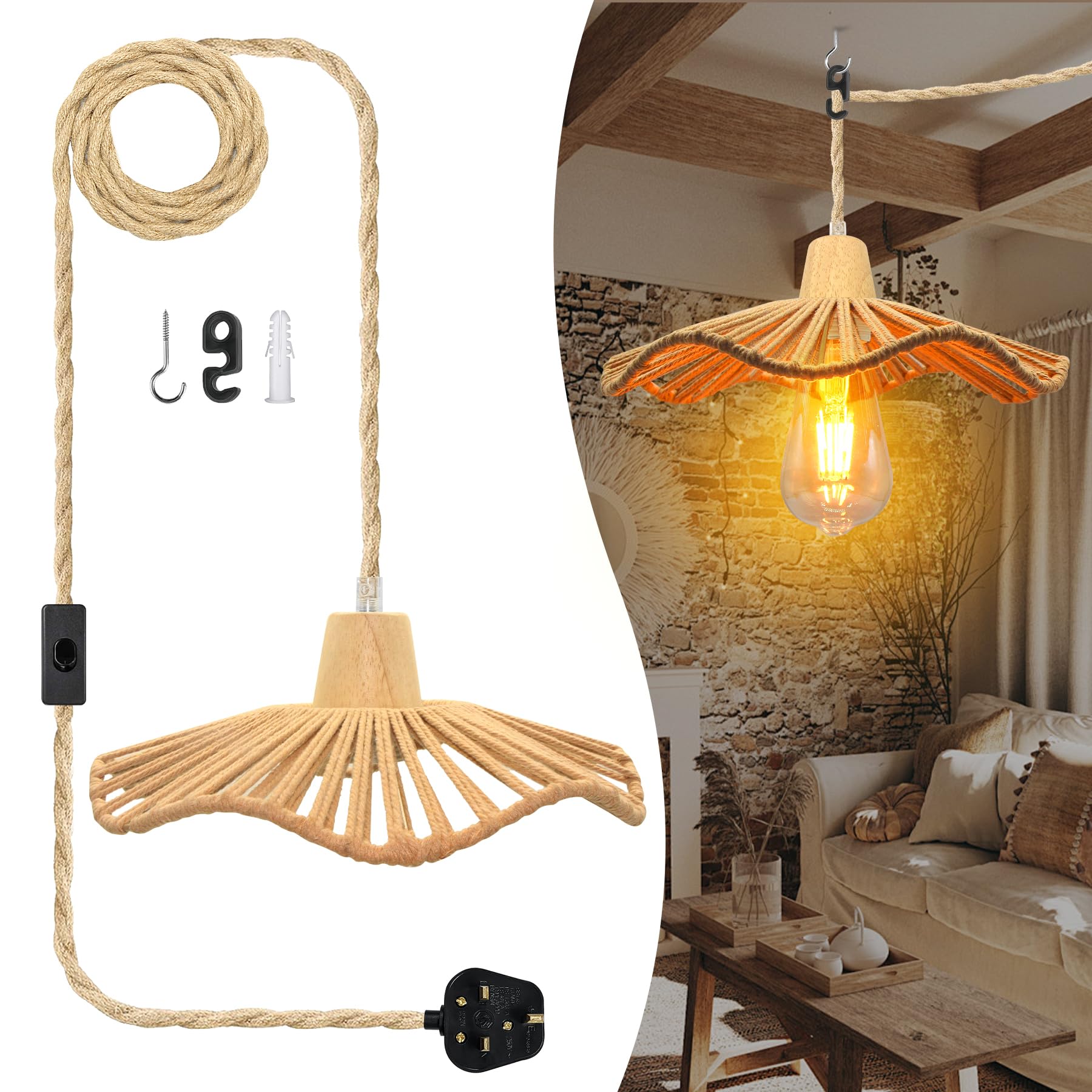 LAKONEI 5.1M Plug in Hemp Rope Pendant Light, Handcrafted Wavy Edge Lampshade, E27 Lamp Holder Hanging Ceiling Lamp with On/Off Switch, Rustic DIY Pendant Lighting Fixture Fitting(Bulb Not Included)