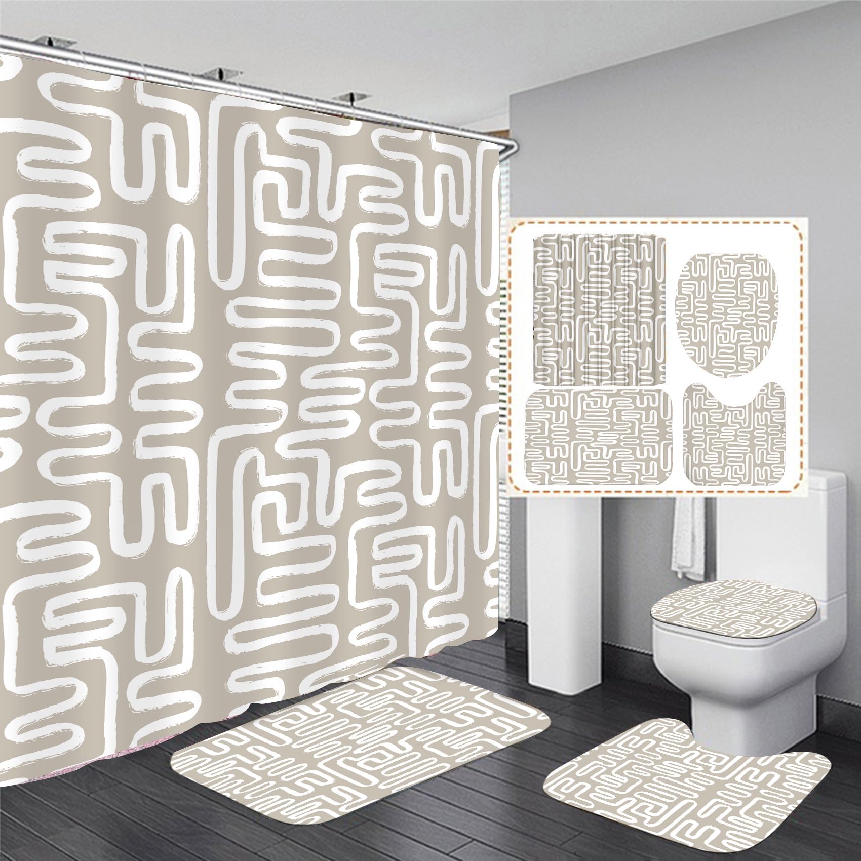 Photo 1 of STOCK IMAGE FOR REFERENCE* 4pcs Shower Curtain Sets with Rugs Beige White Abstract Bathroom Decor Set Modern Boho Neutral Lines Bath Curtain Shower Set with Rugs and Accessories Toilet Lid Cover Mat Style 4