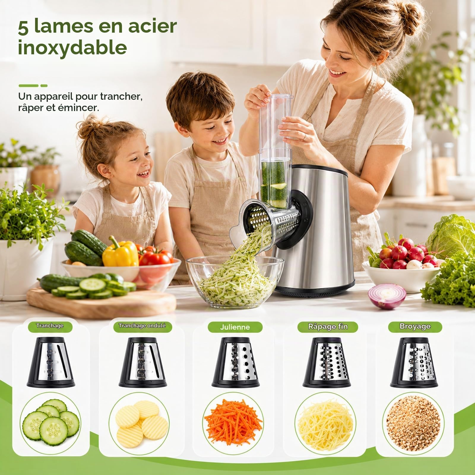 Coupe-Légumes Électrique 5 en 1 800W avec 5 Cônes en Acier Inoxydable, Trancheuse Électrique Multifonction, Râpe Professionnelle, Lavable au Lave‑Vaisselle, pour Légumes, Fruits, Fromage, Gris