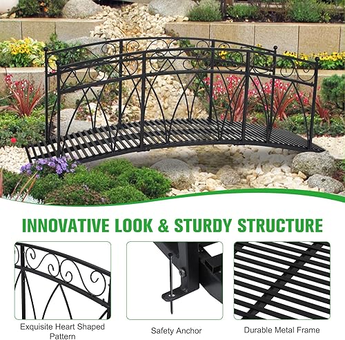 Miniatura 3 de Puente de jardín de metal de 8 pies con carriles laterales con patrones de seguridad, puente de arco de jardín extralargo decorativo para