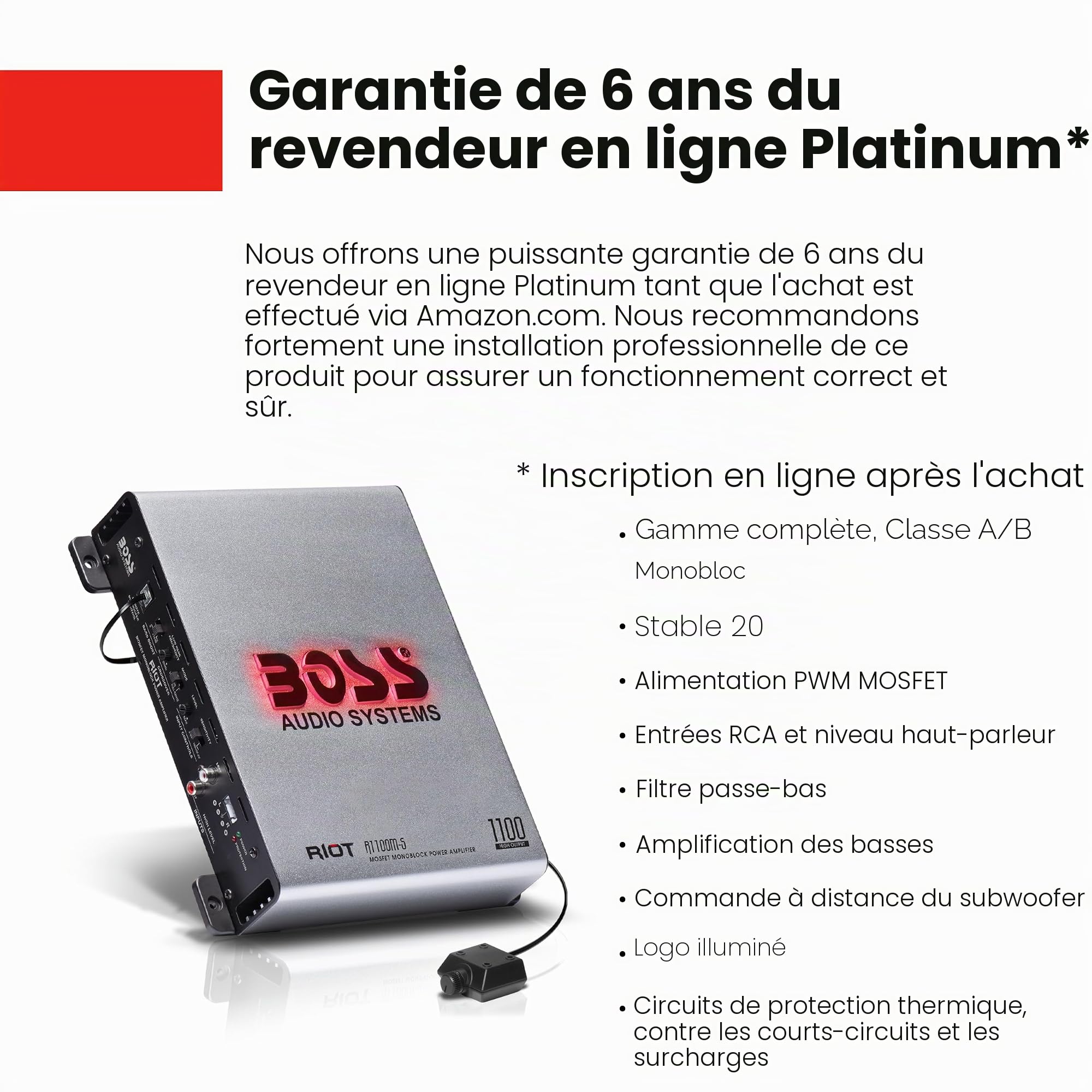BOSS Systèmes audio d’amplificateur de voiture monobloc R1100M-S - 1100 haut rendement, 2-8 Ohm stable, entrées faible/haut niveau, croisement passe-bas, alimentation MOSFET