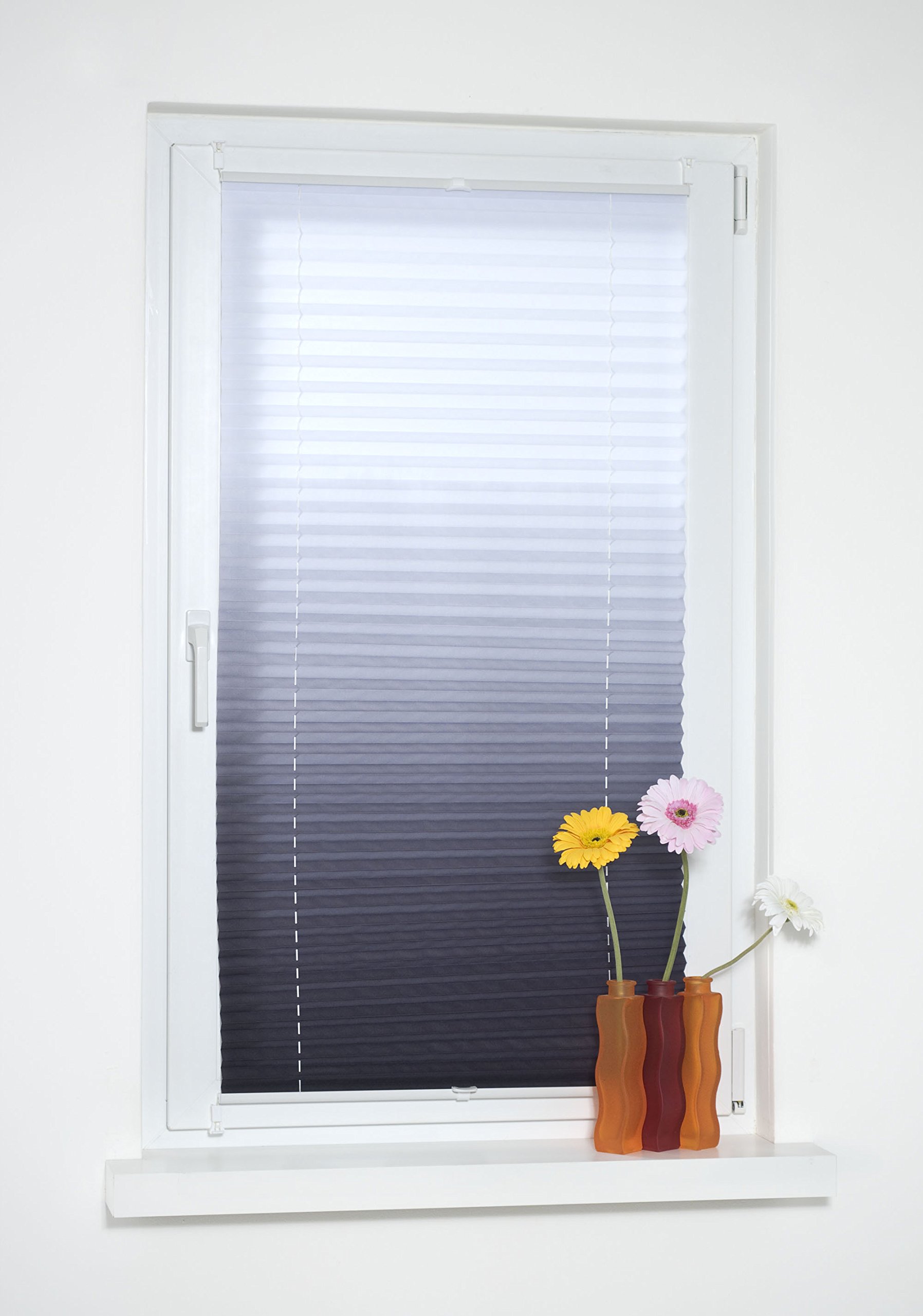 Plissee Farbverlauf, Stoff: 100% Polyester, verspannt ohne Bohren oder Schrauben, 100 x 130 grau, blickdichte Transparenz, lichtdurchlässig