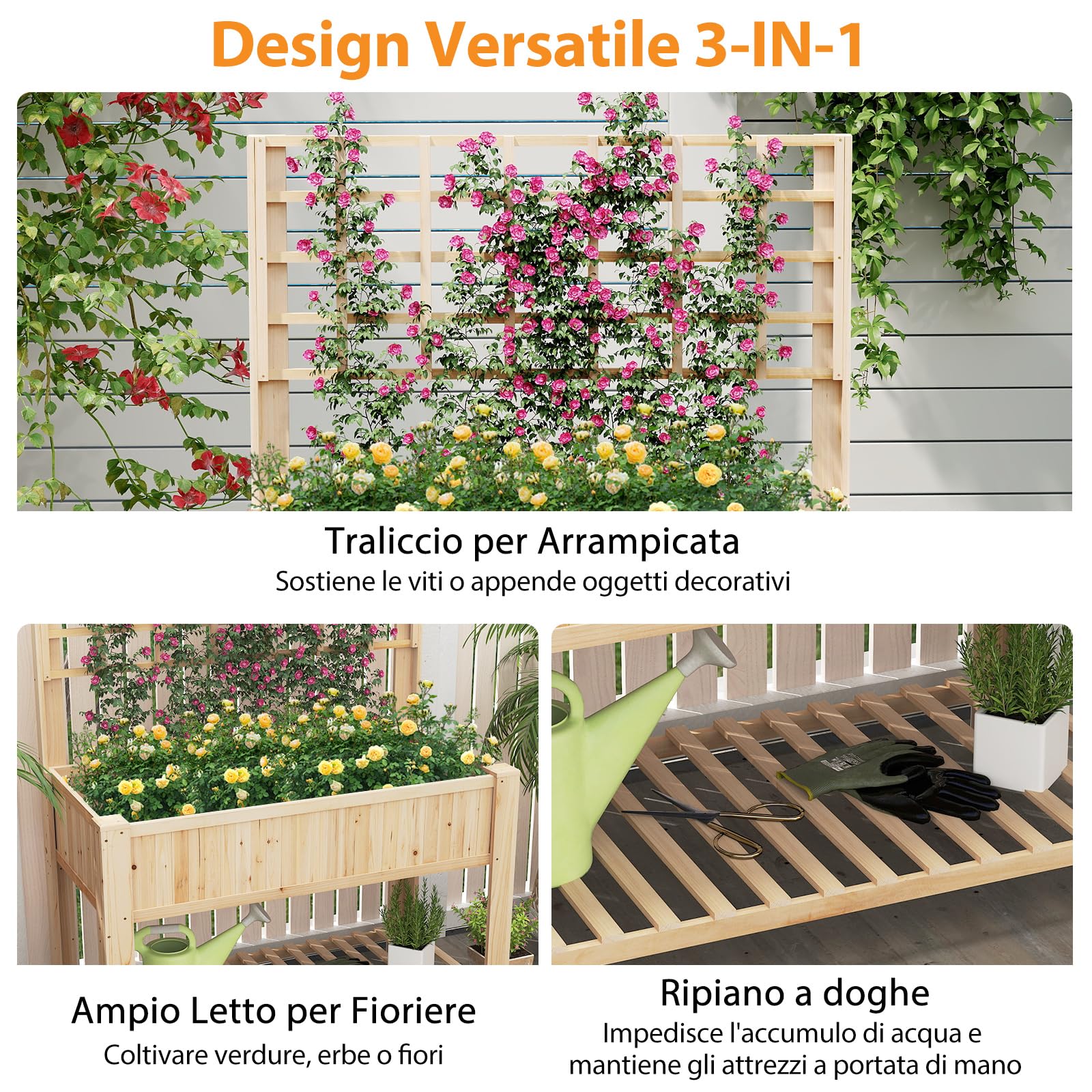COSTWAY Letto da Giardino Rialzato, Fioriera Elevata con Traliccio, Mensola di Stoccaggio e Fori di Drenaggio, Orto Rialzato per Cortile, Giardino e Patio, 116 x 59 x 150 cm (Naturale)